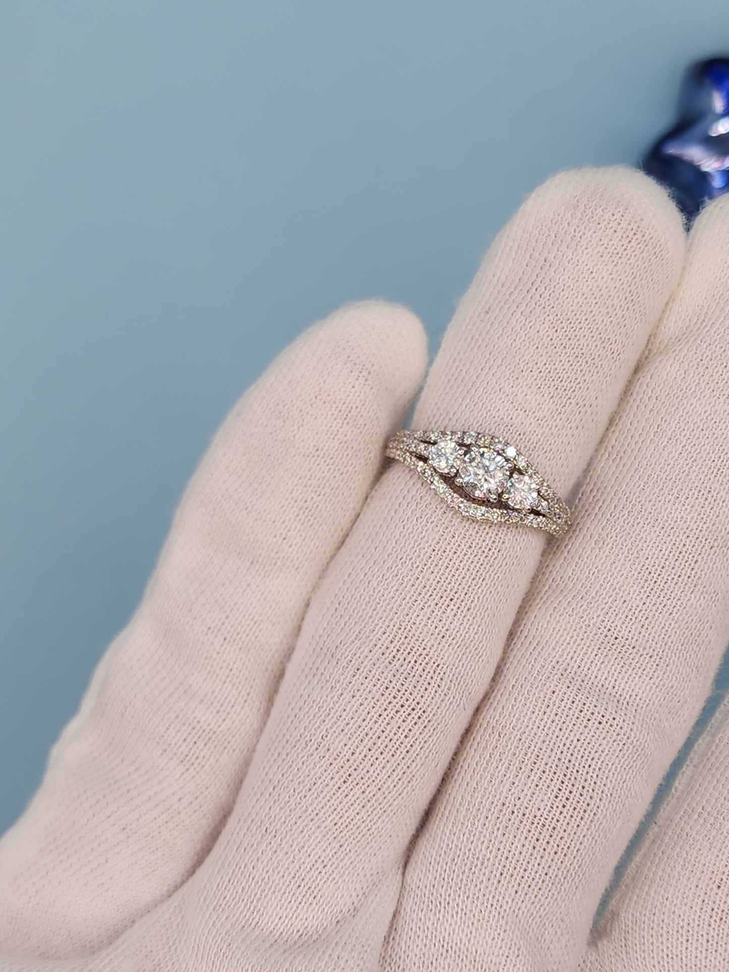 Three Stone Past, Present and Future Design Diamond Split Shank Ring in 14k White Gold