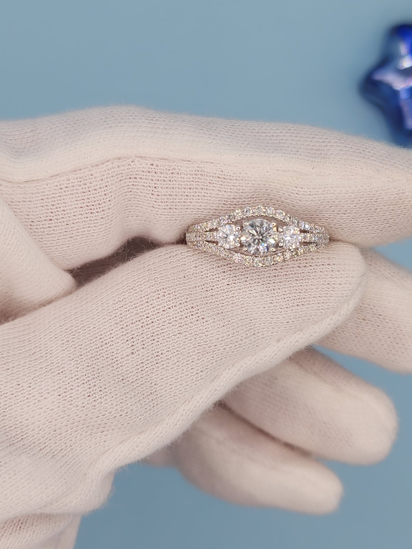 Three Stone Past, Present and Future Design Diamond Split Shank Ring in 14k White Gold