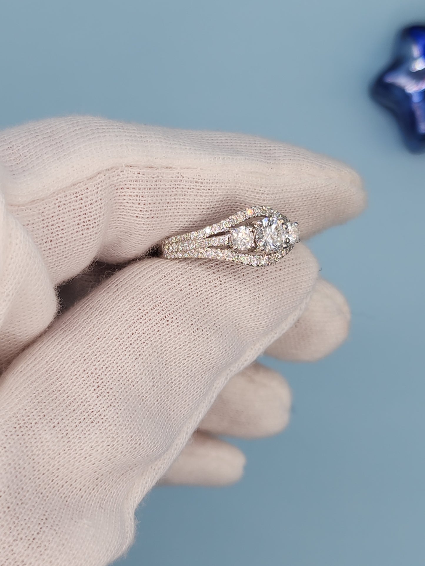 Three Stone Past, Present and Future Design Diamond Split Shank Ring in 14k White Gold