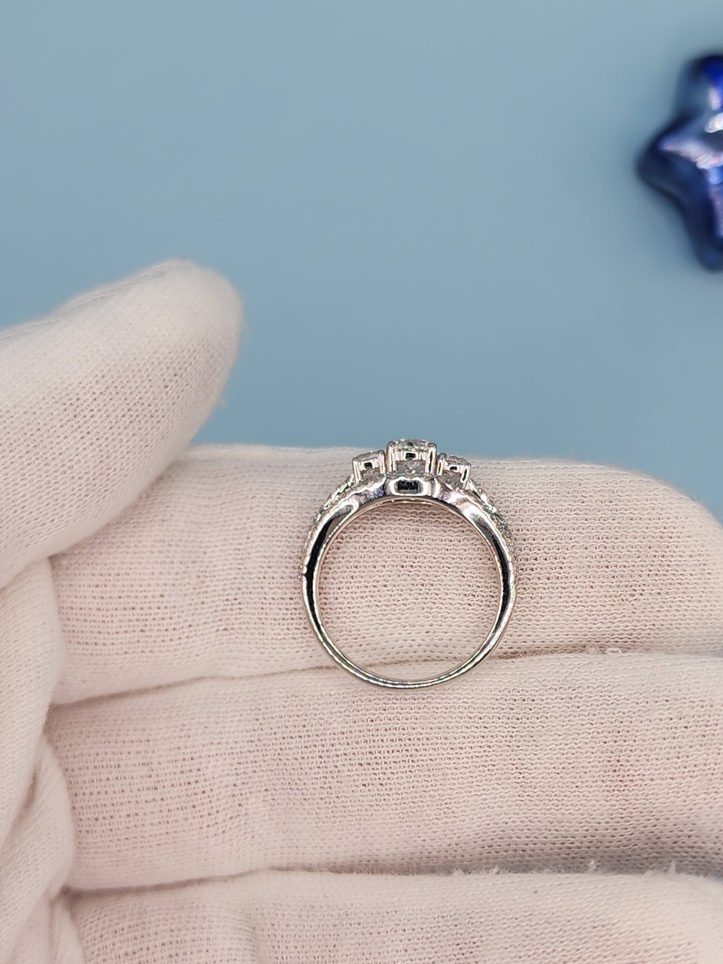 Three Stone Past, Present and Future Design Diamond Split Shank Ring in 14k White Gold