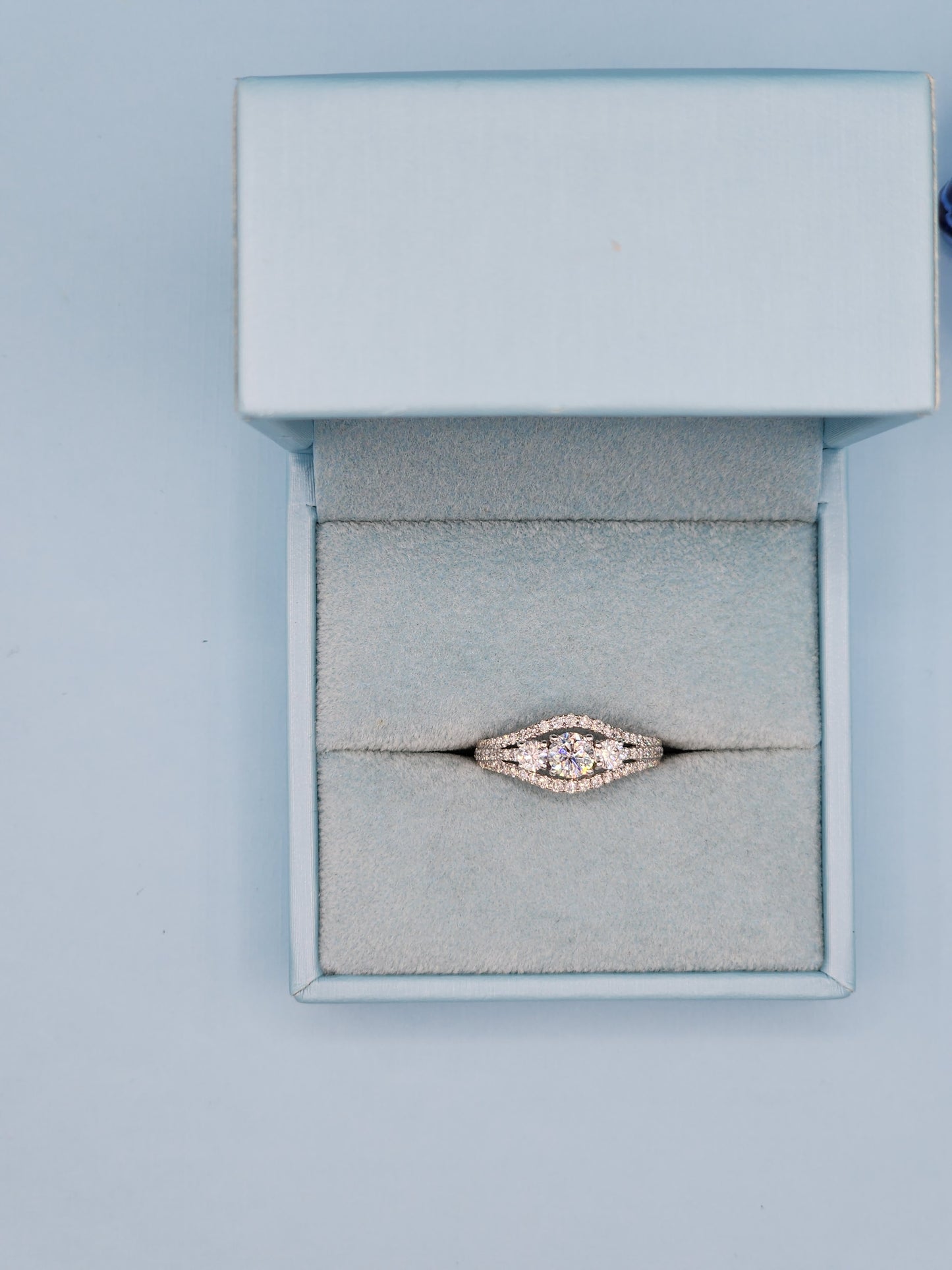 Three Stone Past, Present and Future Design Diamond Split Shank Ring in 14k White Gold