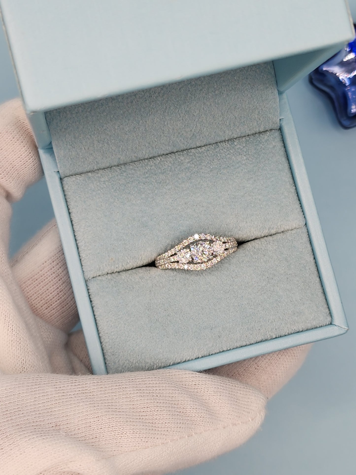 Three Stone Past, Present and Future Design Diamond Split Shank Ring in 14k White Gold