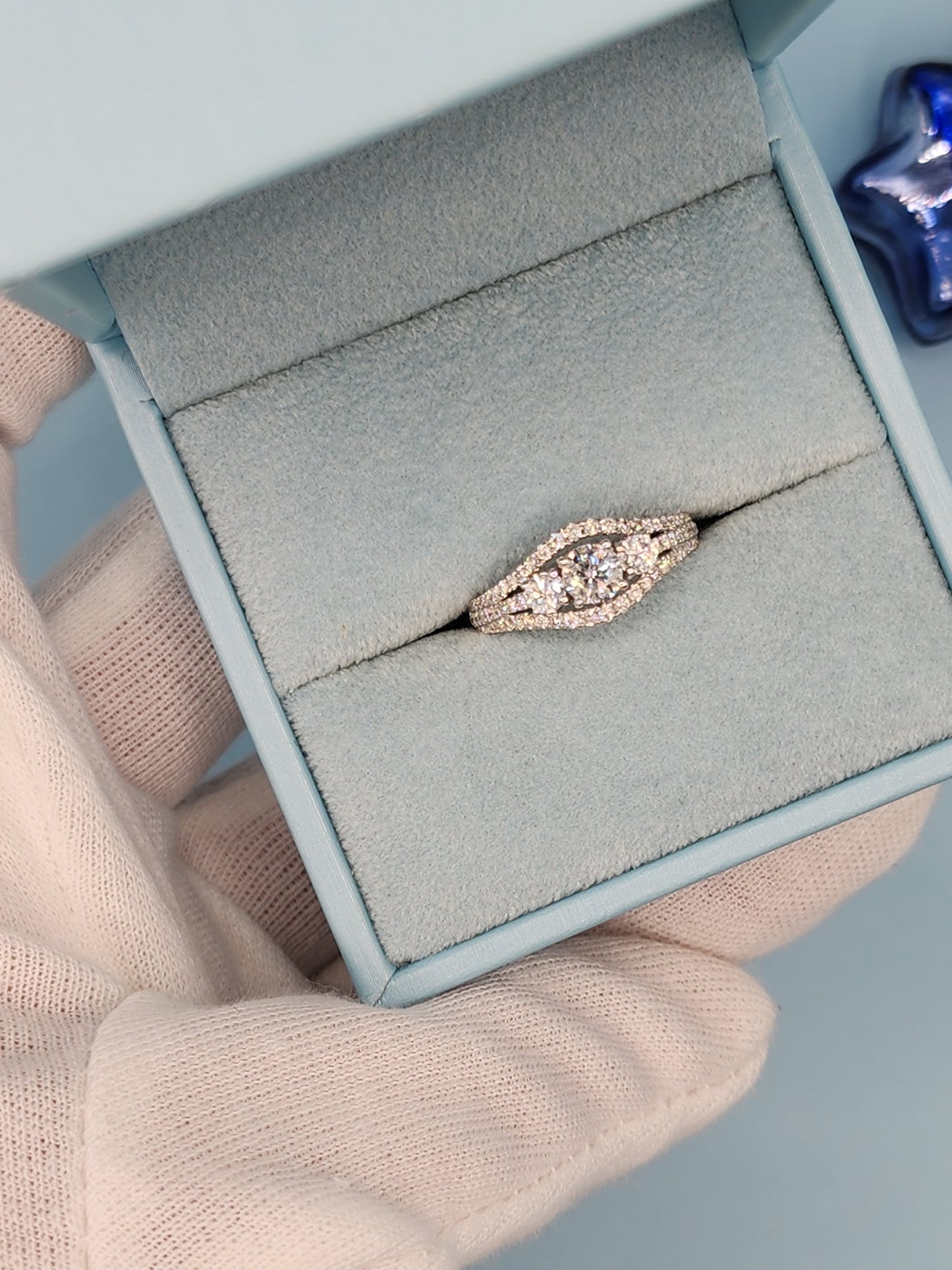 Three Stone Past, Present and Future Design Diamond Split Shank Ring in 14k White Gold