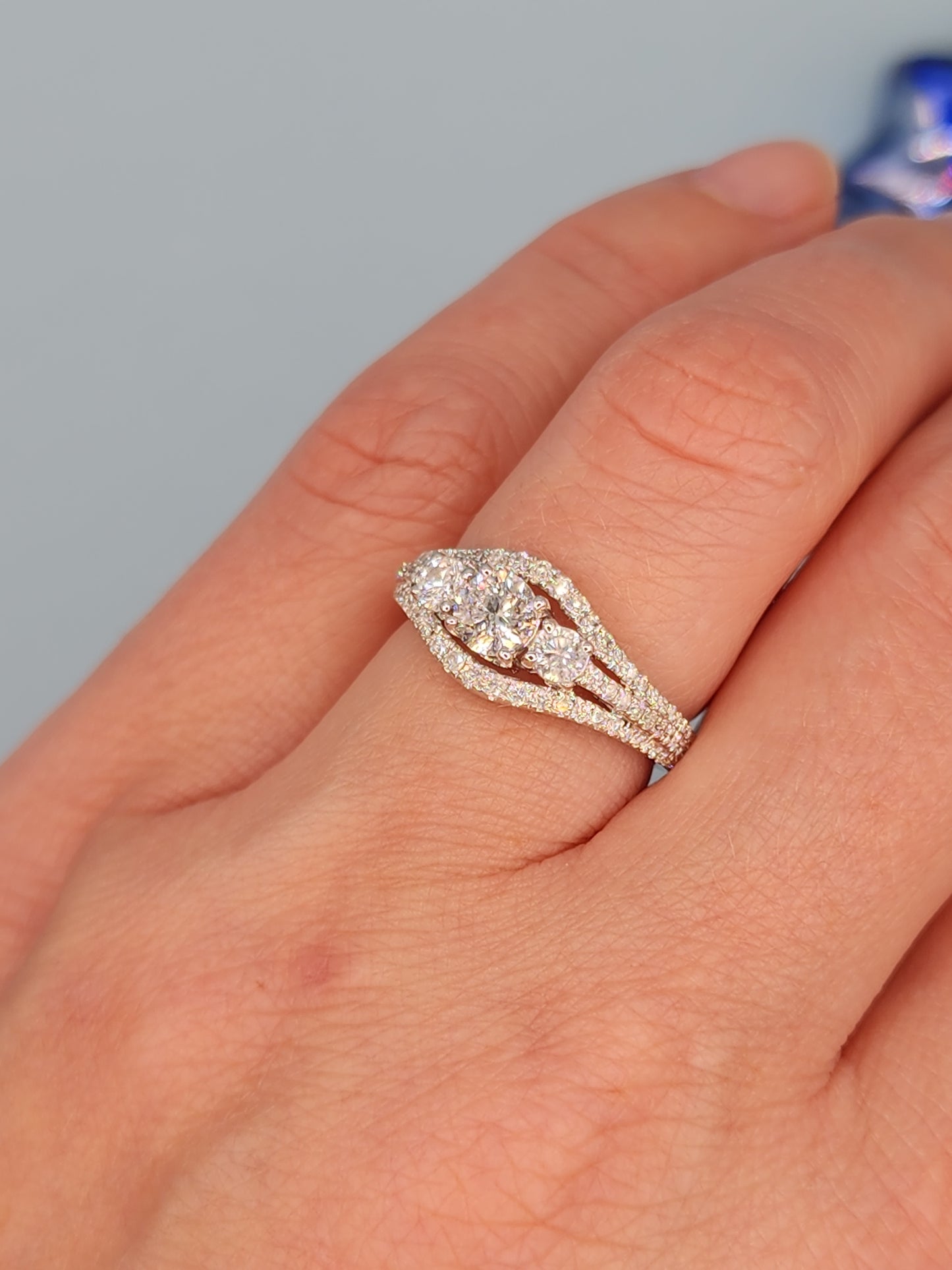 Three Stone Past, Present and Future Design Diamond Split Shank Ring in 14k White Gold