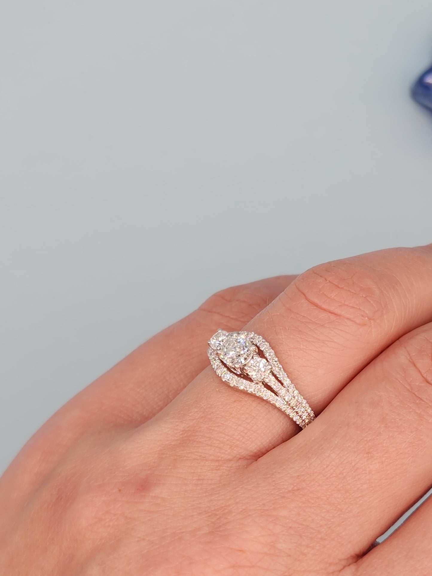 Three Stone Past, Present and Future Design Diamond Split Shank Ring in 14k White Gold