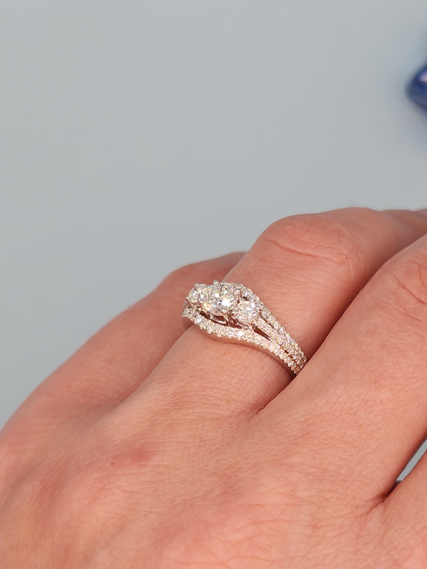 Three Stone Past, Present and Future Design Diamond Split Shank Ring in 14k White Gold