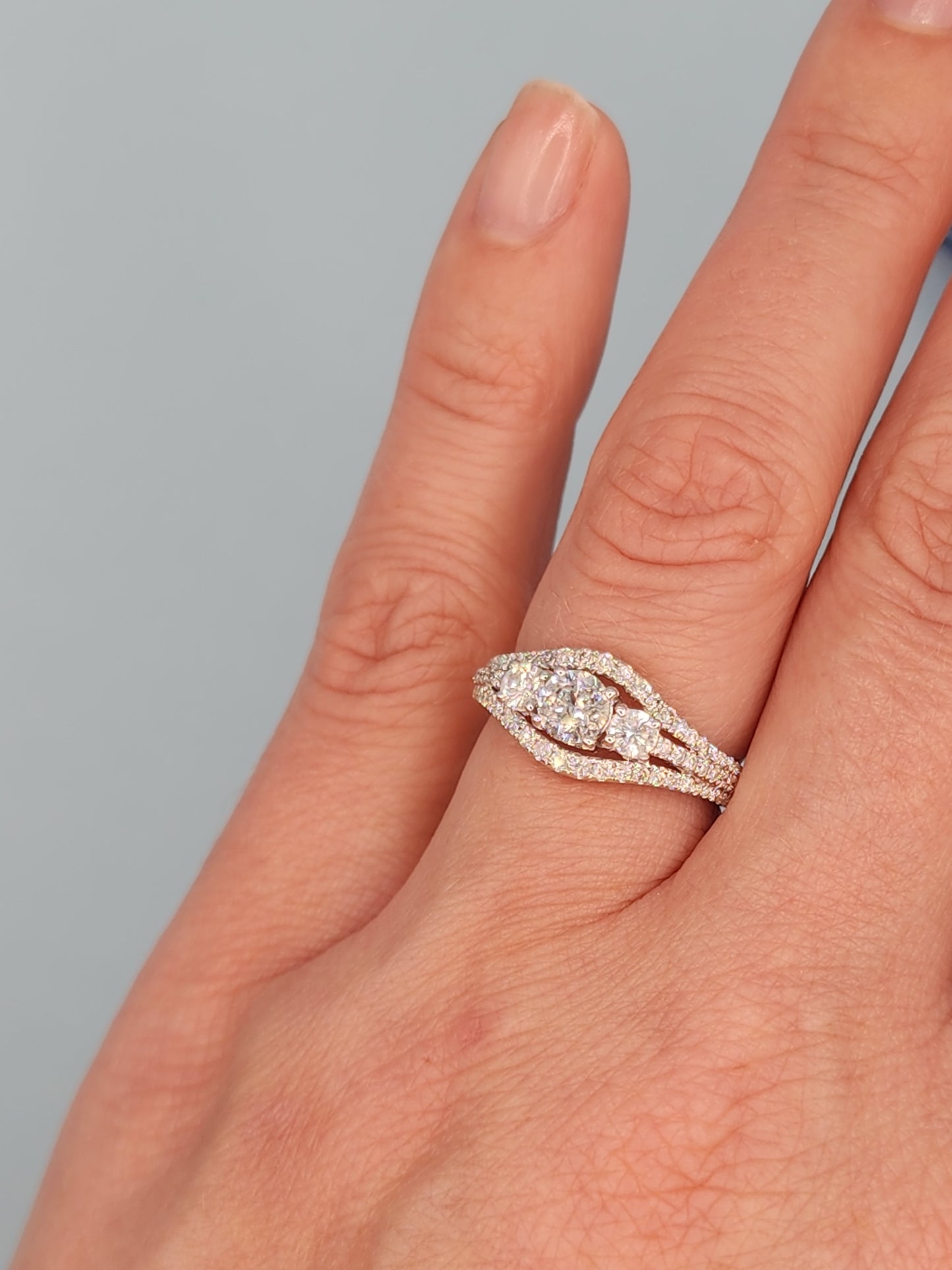 Three Stone Past, Present and Future Design Diamond Split Shank Ring in 14k White Gold