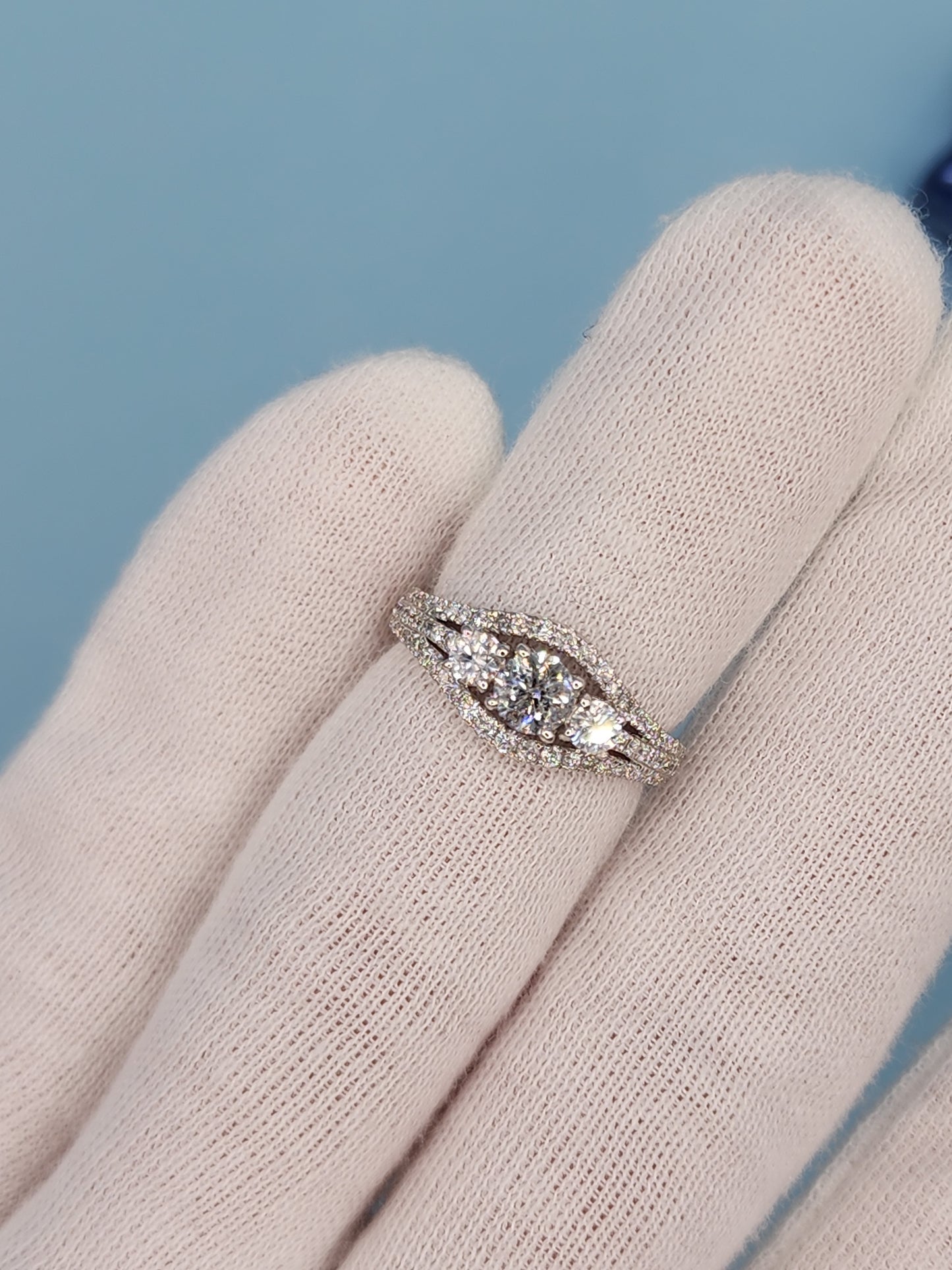 Three Stone Past, Present and Future Design Diamond Split Shank Ring in 14k White Gold