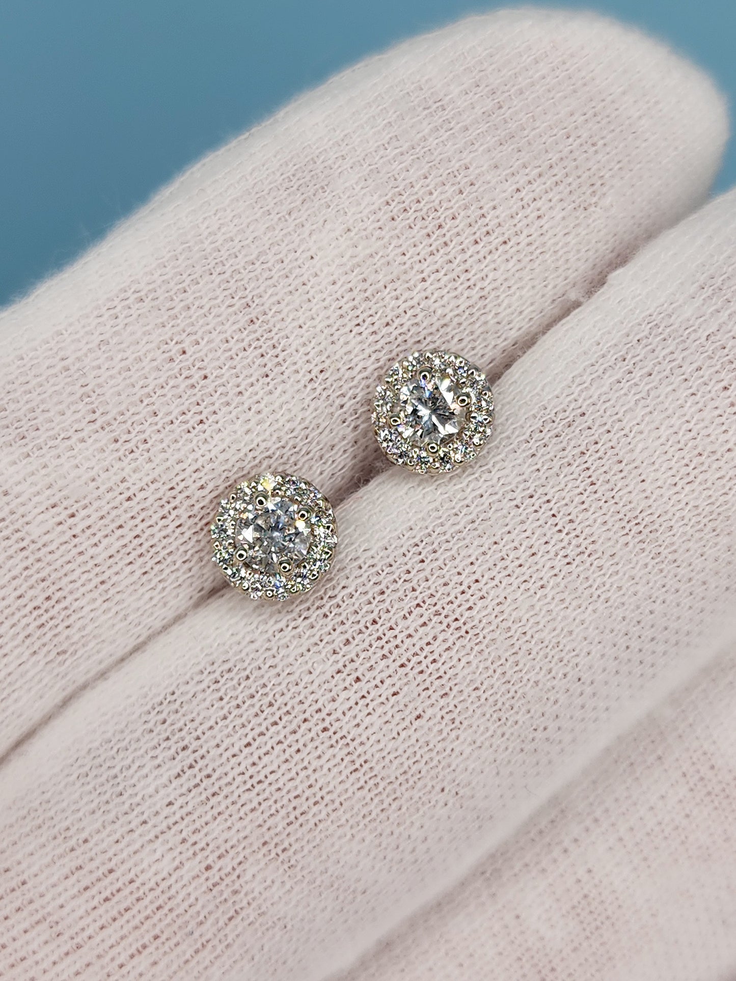 Classic Halo Design Diamond Stud Earrings in 14k White Gold