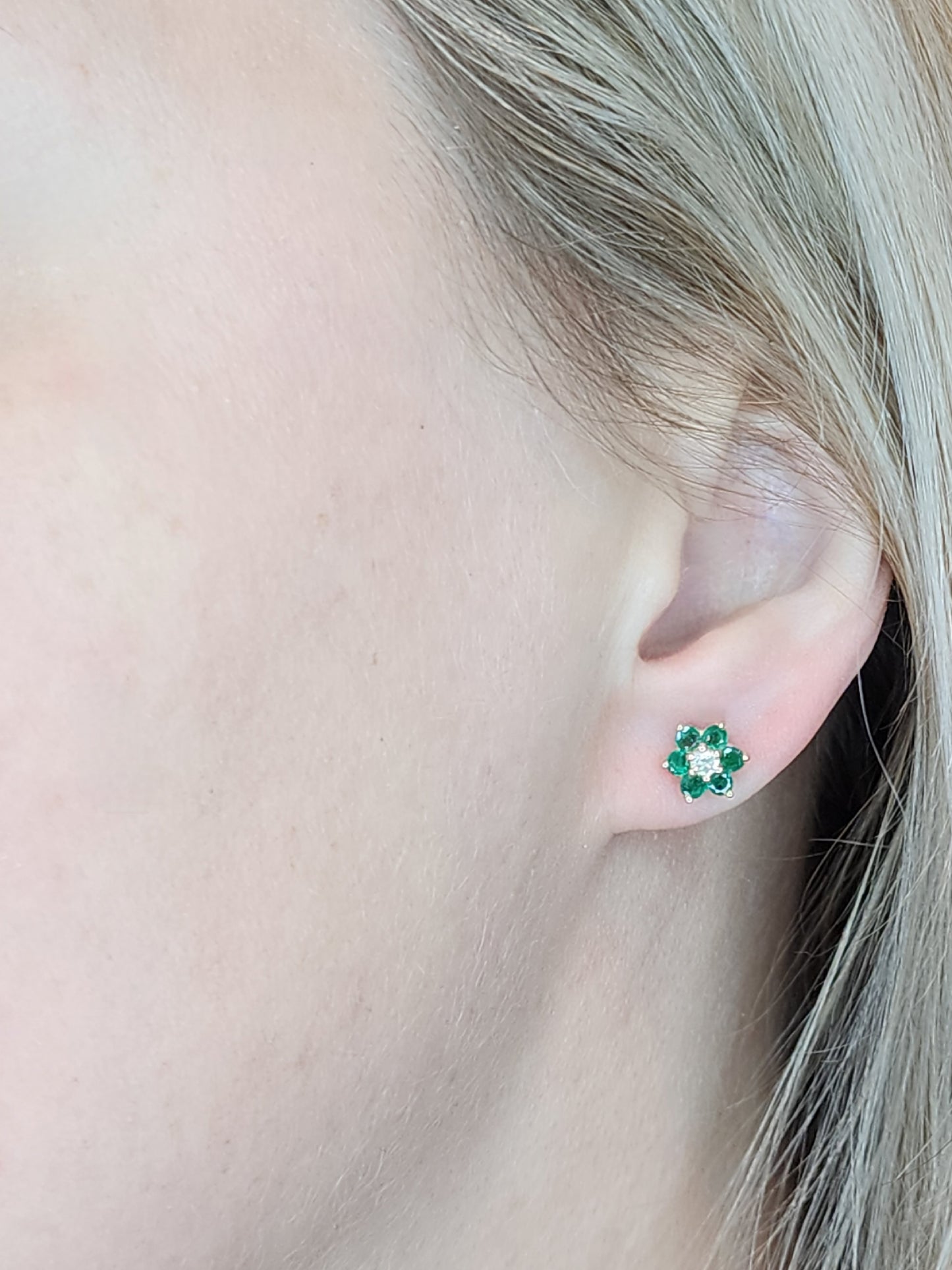 Enerald and Diamond Starburst Stud Earrings in 14k Yellow Gold