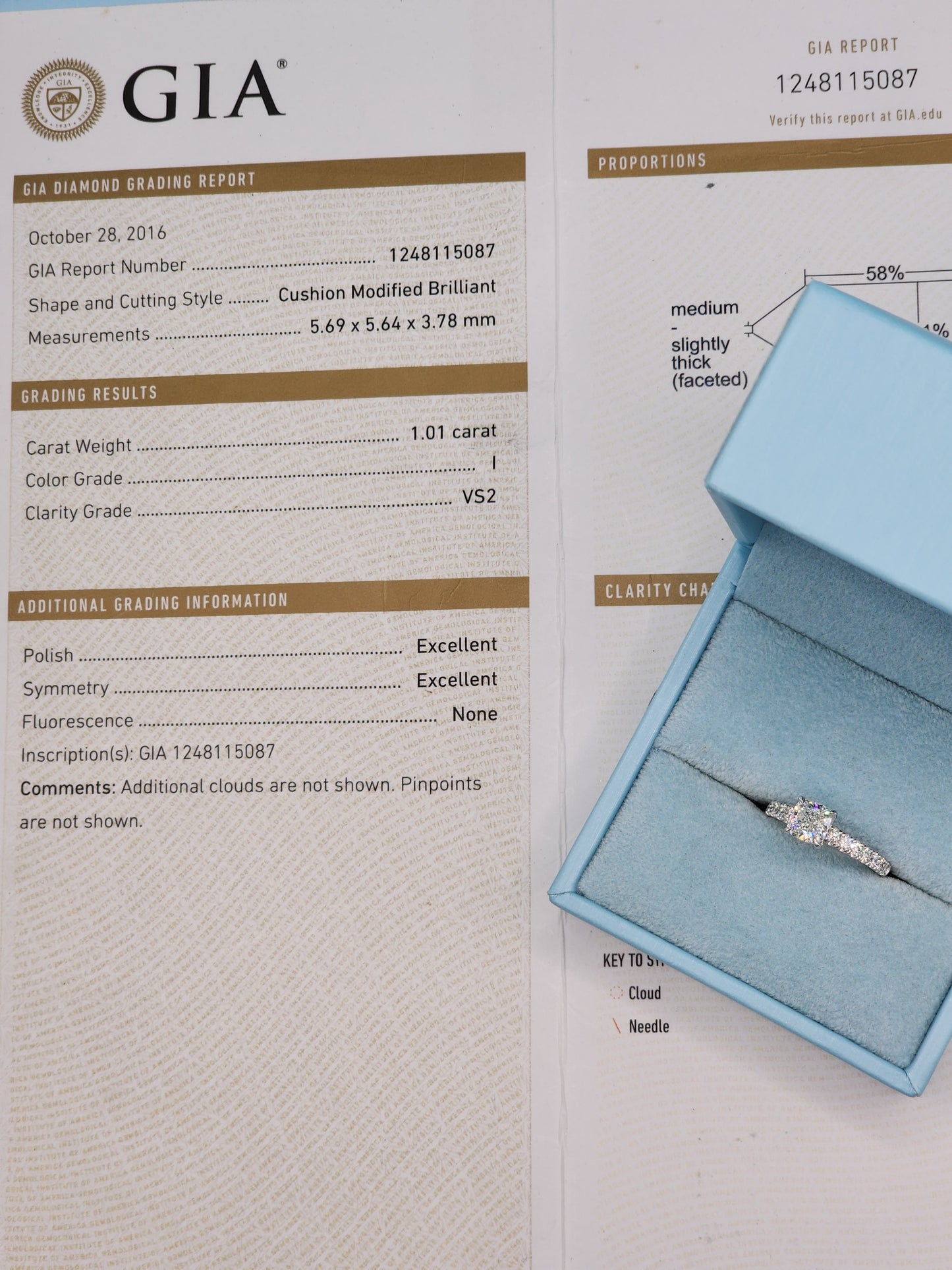 GIA 1.01 ct Cushion Cut Natural Diamond Engagement Ring in 14k White Gold