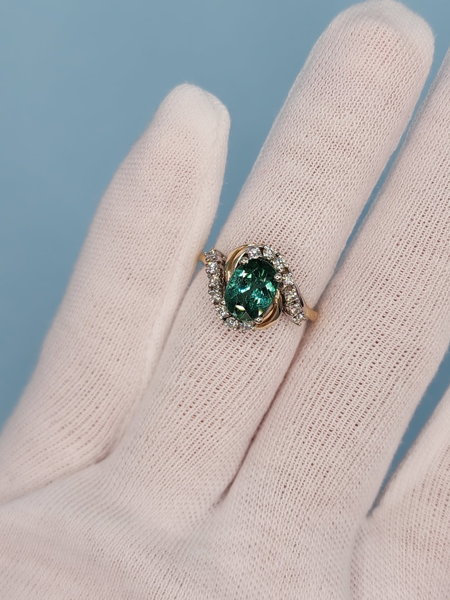 Light Green Tourmaline Ring with Diamonds in Rose and White Gold