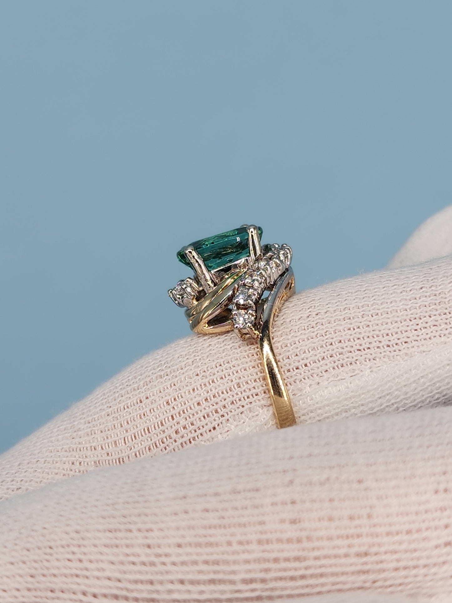 Light Green Tourmaline Ring with Diamonds in Rose and White Gold