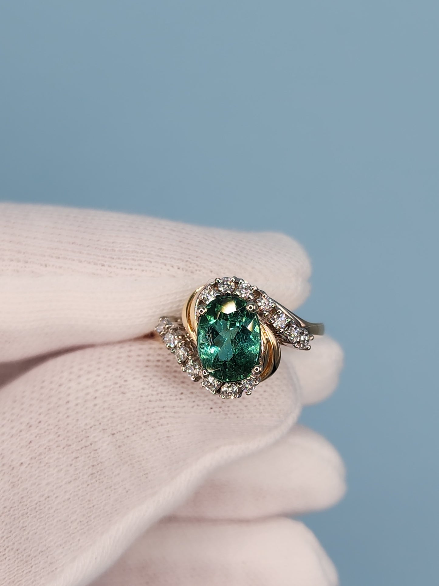 Light Green Tourmaline Ring with Diamonds in Rose and White Gold