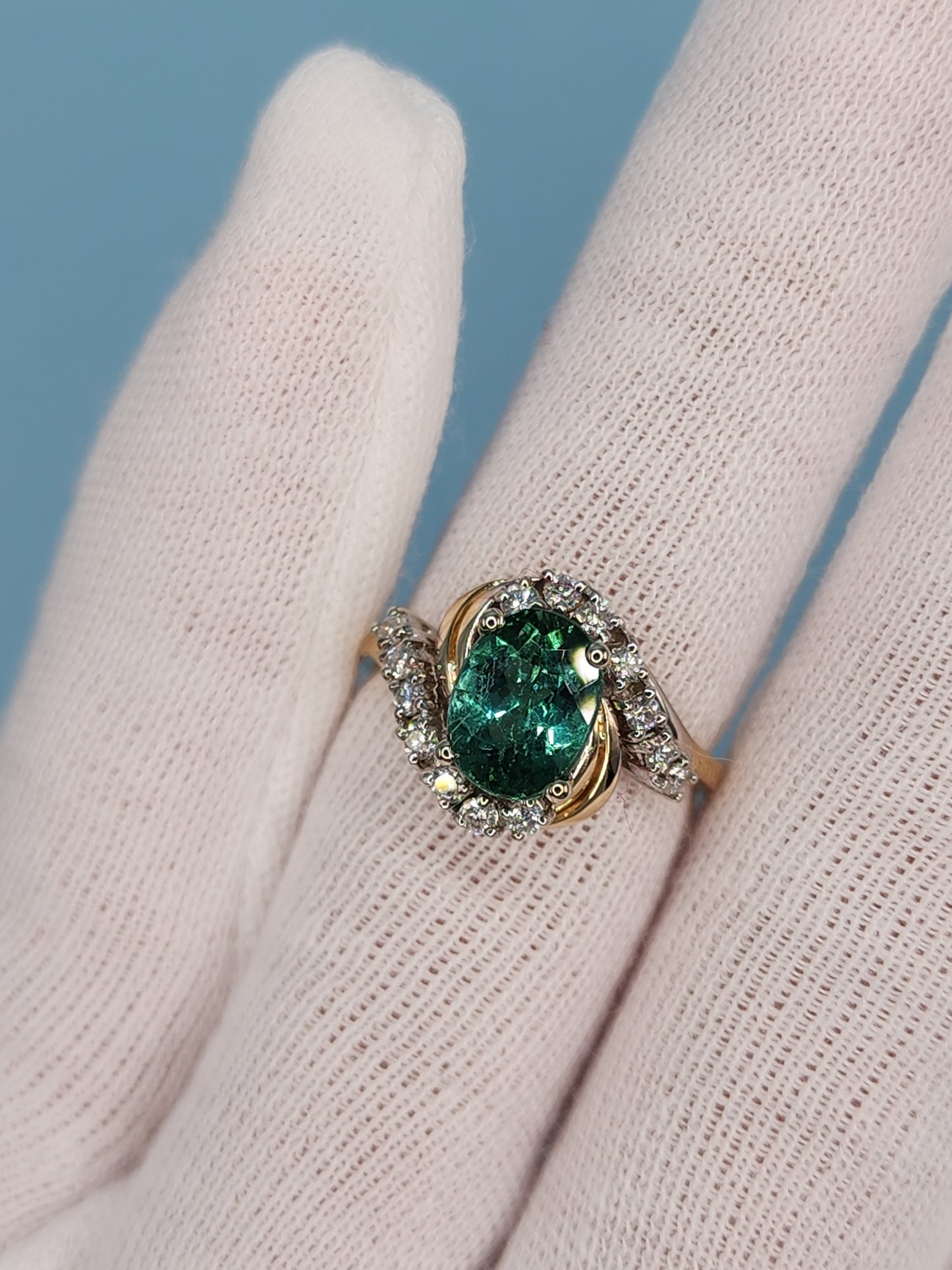 Light Green Tourmaline Ring with Diamonds in Rose and White Gold
