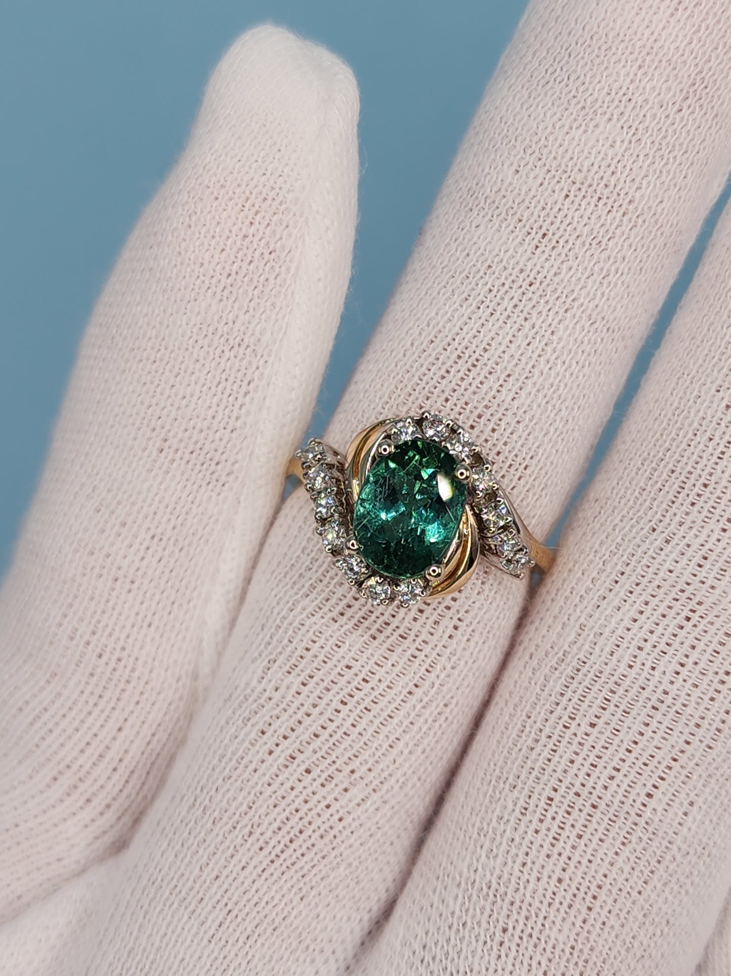 Light Green Tourmaline Ring with Diamonds in Rose and White Gold