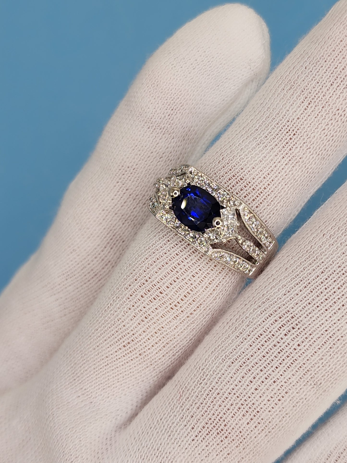 GIA 1.80 ct Oval Sapphire Ladies Diamond Cocktail Statement Ring in 14k White Gold