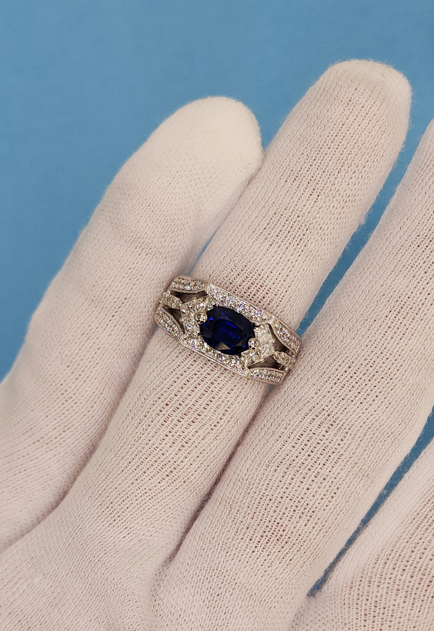 GIA 1.80 ct Oval Sapphire Ladies Diamond Cocktail Statement Ring in 14k White Gold