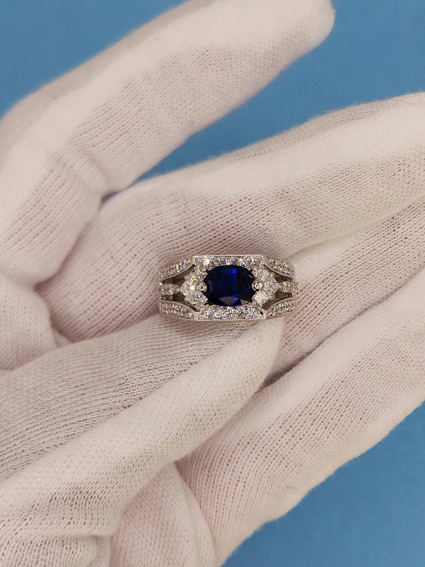 GIA 1.80 ct Oval Sapphire Ladies Diamond Cocktail Statement Ring in 14k White Gold