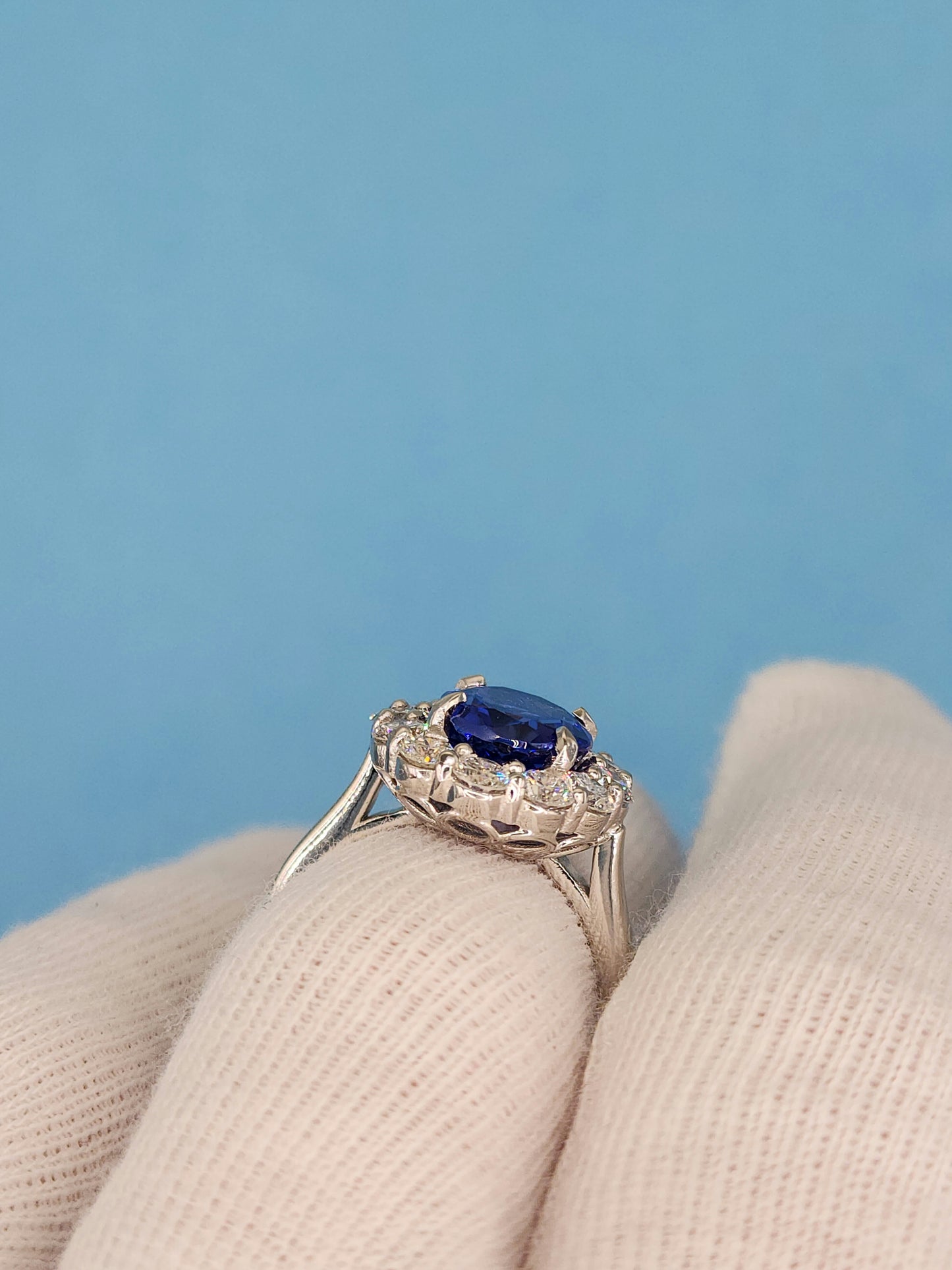 AAA Natural Oval Tanzanite and Diamond Halo Ladies Ring in 18k White Gold