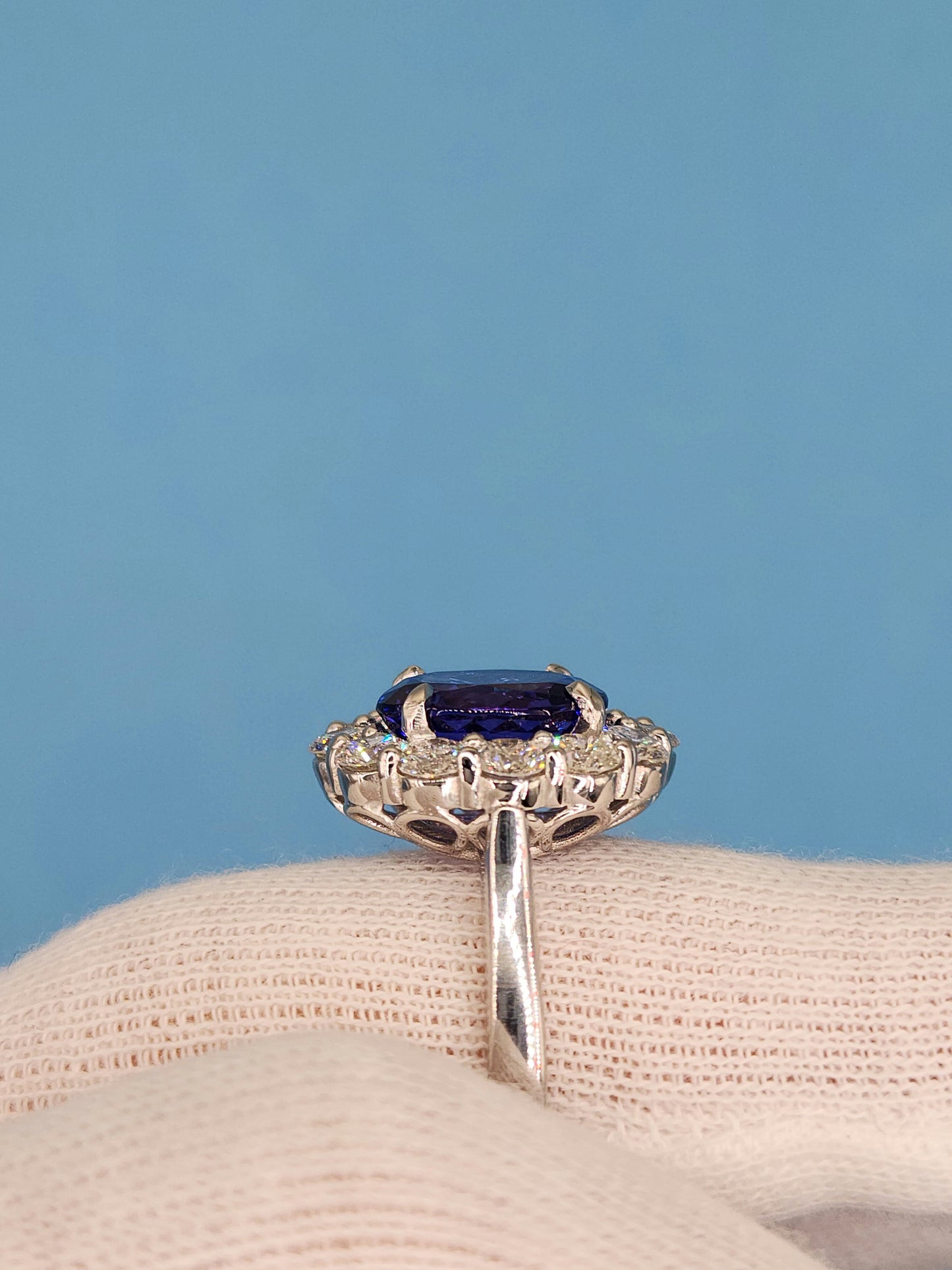 AAA Natural Oval Tanzanite and Diamond Halo Ladies Ring in 18k White Gold