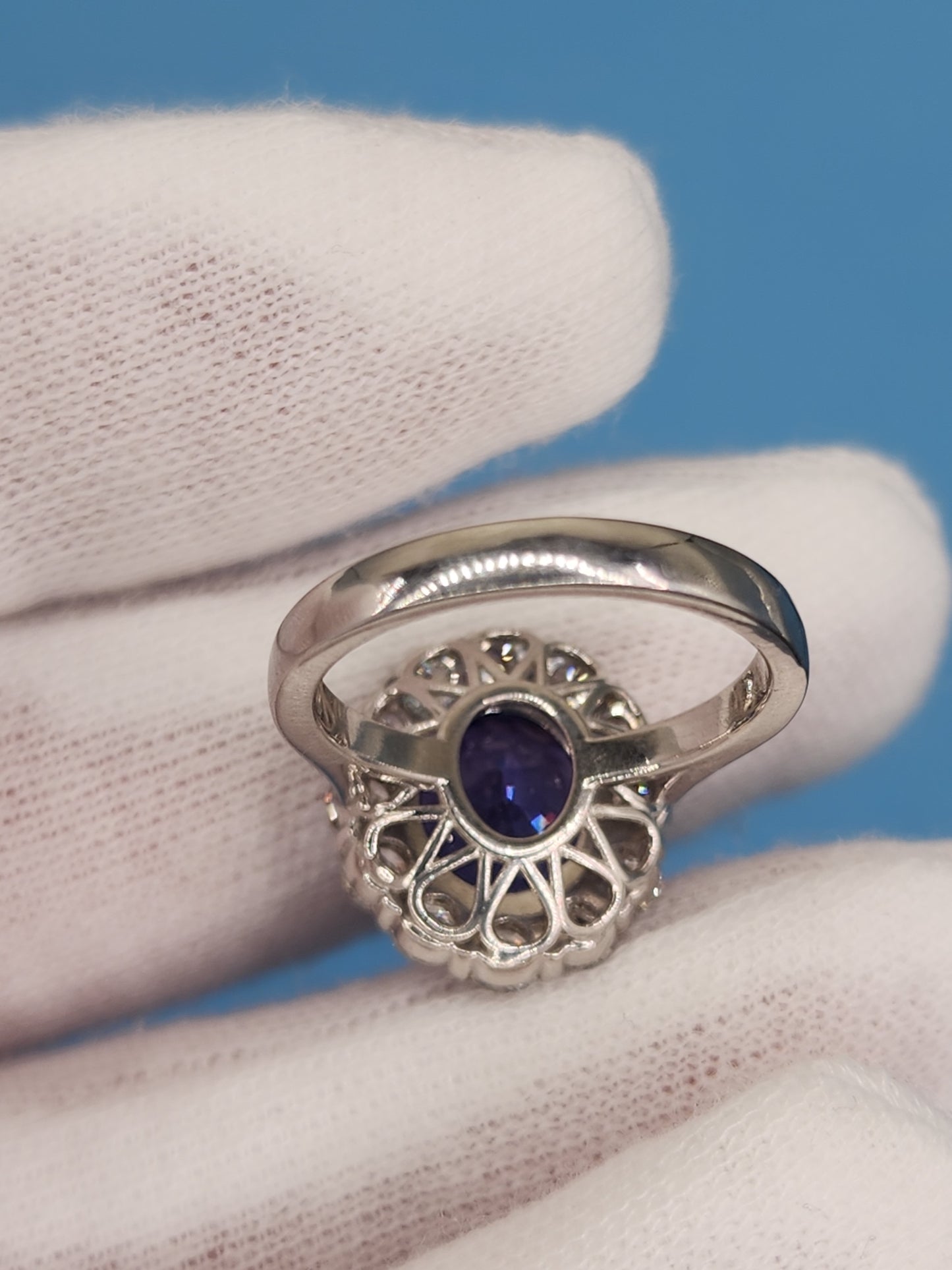 AAA Natural Oval Tanzanite and Diamond Halo Ladies Ring in 18k White Gold