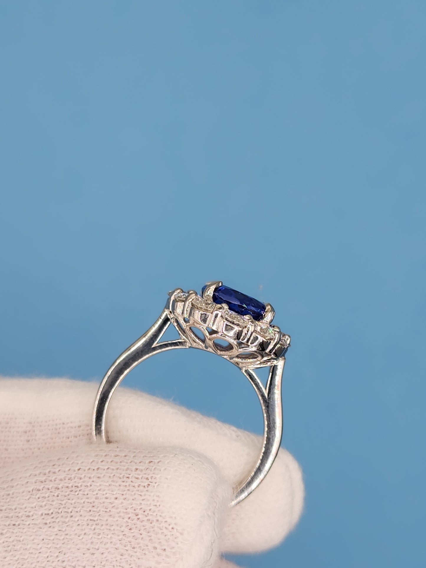 AAA Natural Oval Tanzanite and Diamond Halo Ladies Ring in 18k White Gold