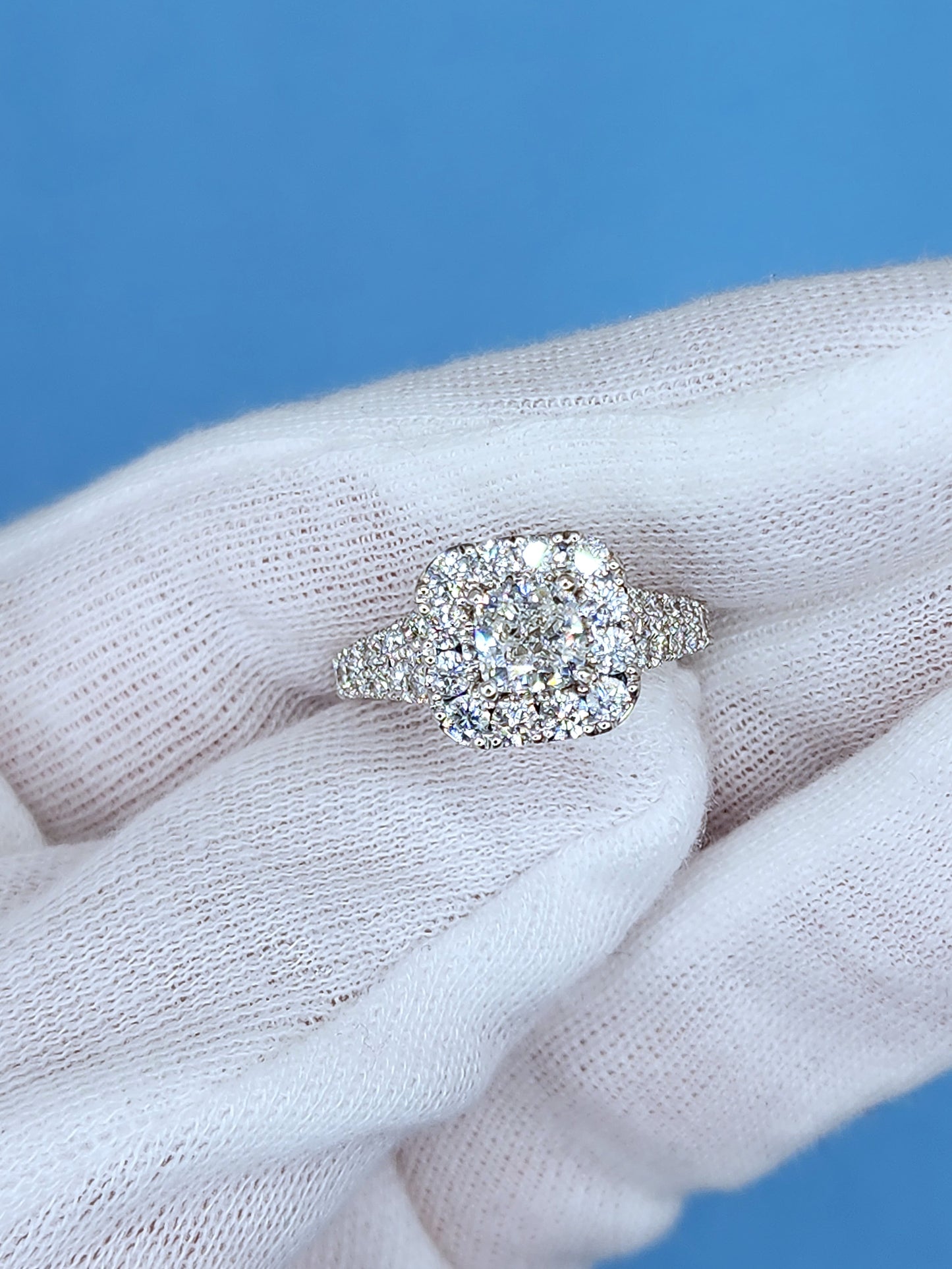 Neil Lane 1.02 ct Cushion Cut Diamond Halo Engagement Ring and Matching Wedding Band Set in 14k White Gold