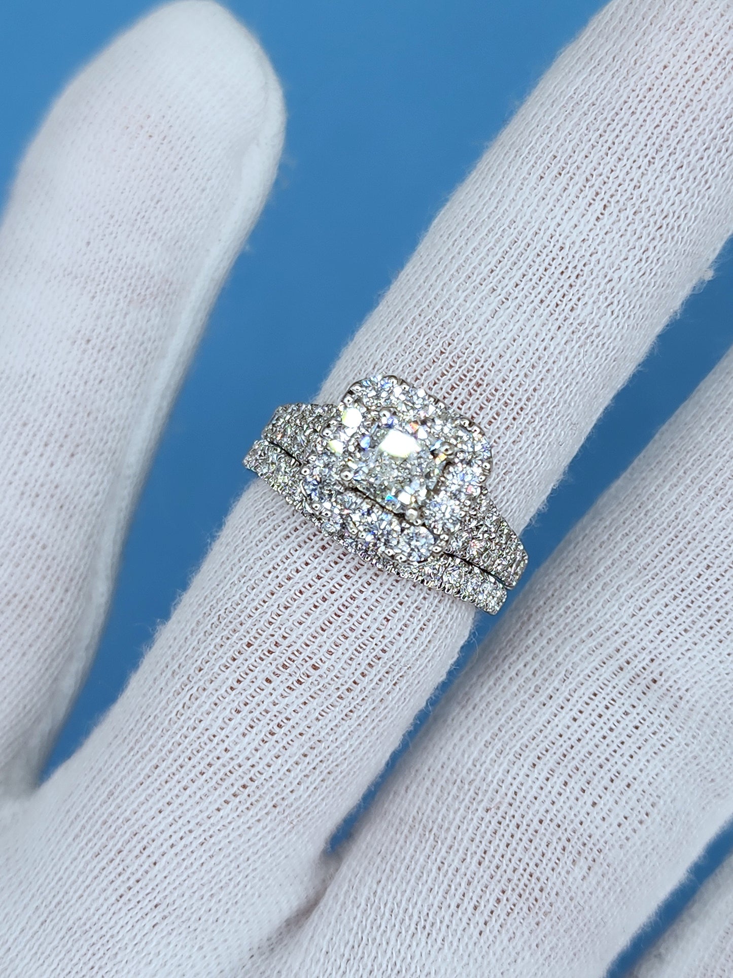 Neil Lane 1.02 ct Cushion Cut Diamond Halo Engagement Ring and Matching Wedding Band Set in 14k White Gold
