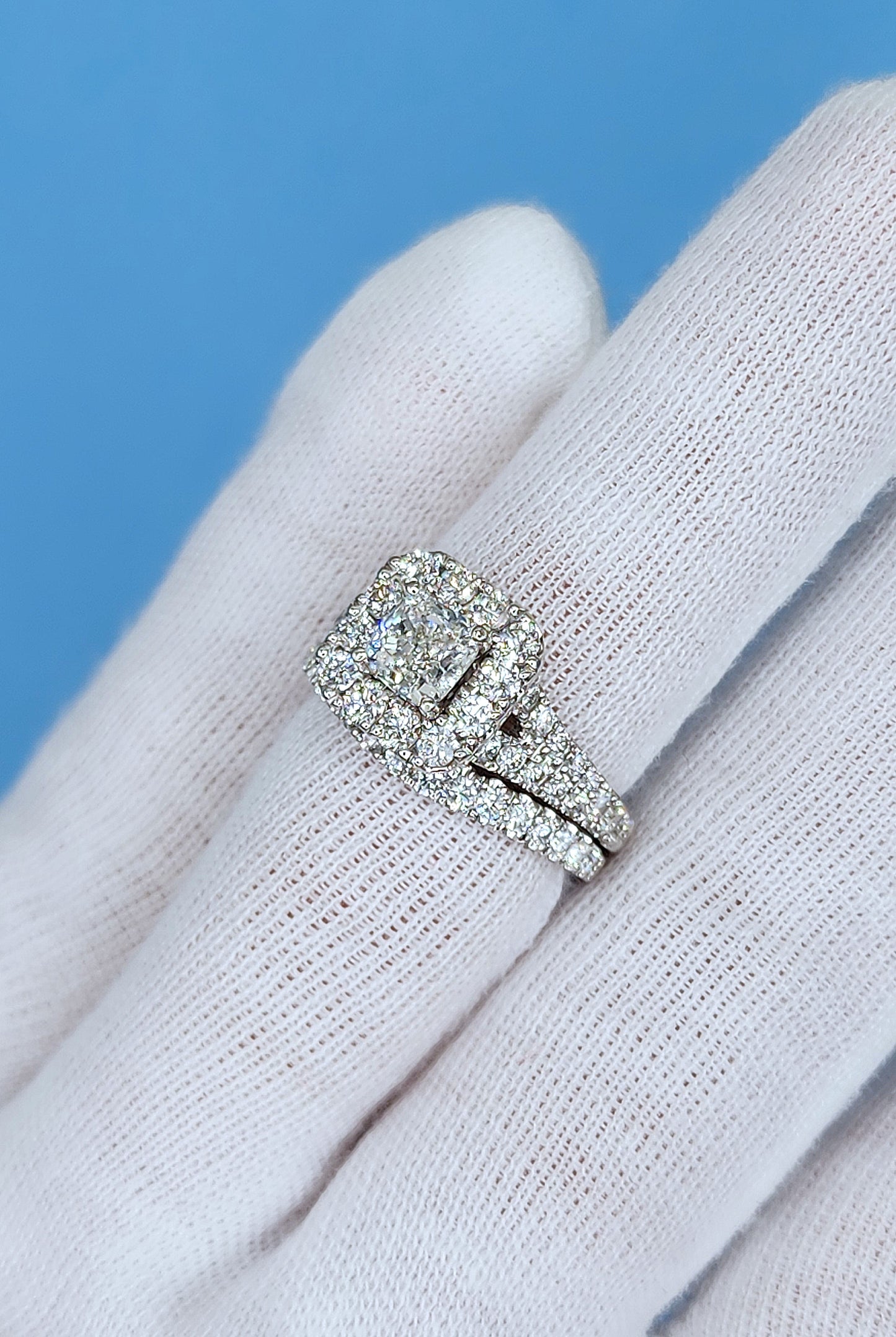 Neil Lane 1.02 ct Cushion Cut Diamond Halo Engagement Ring and Matching Wedding Band Set in 14k White Gold