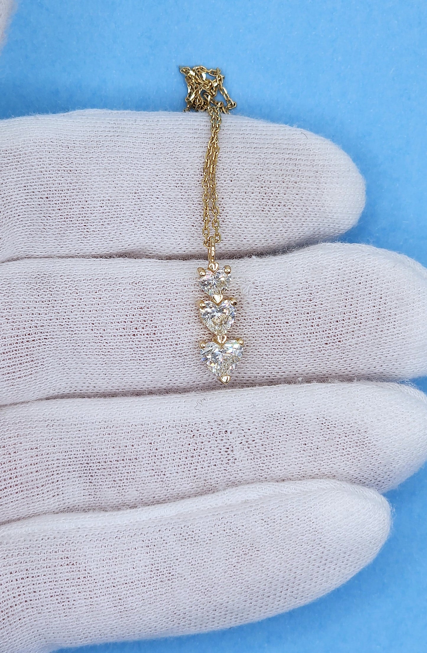 1 1/3 ct Diamond Three-Hearts Vertical Necklace in 14k Yellow Gold on 16-18" adjustable chain