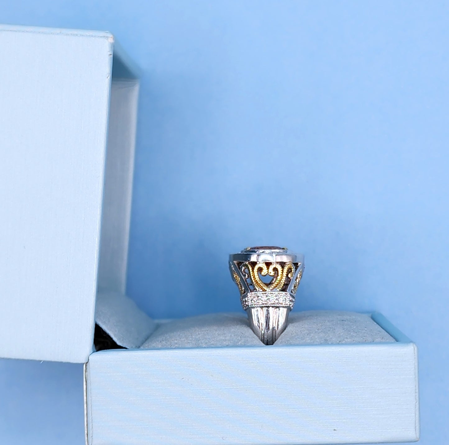 Spessartine Orange Garnet Diamond and Pink Topaz Ring in 14k Yellow and White Gold
