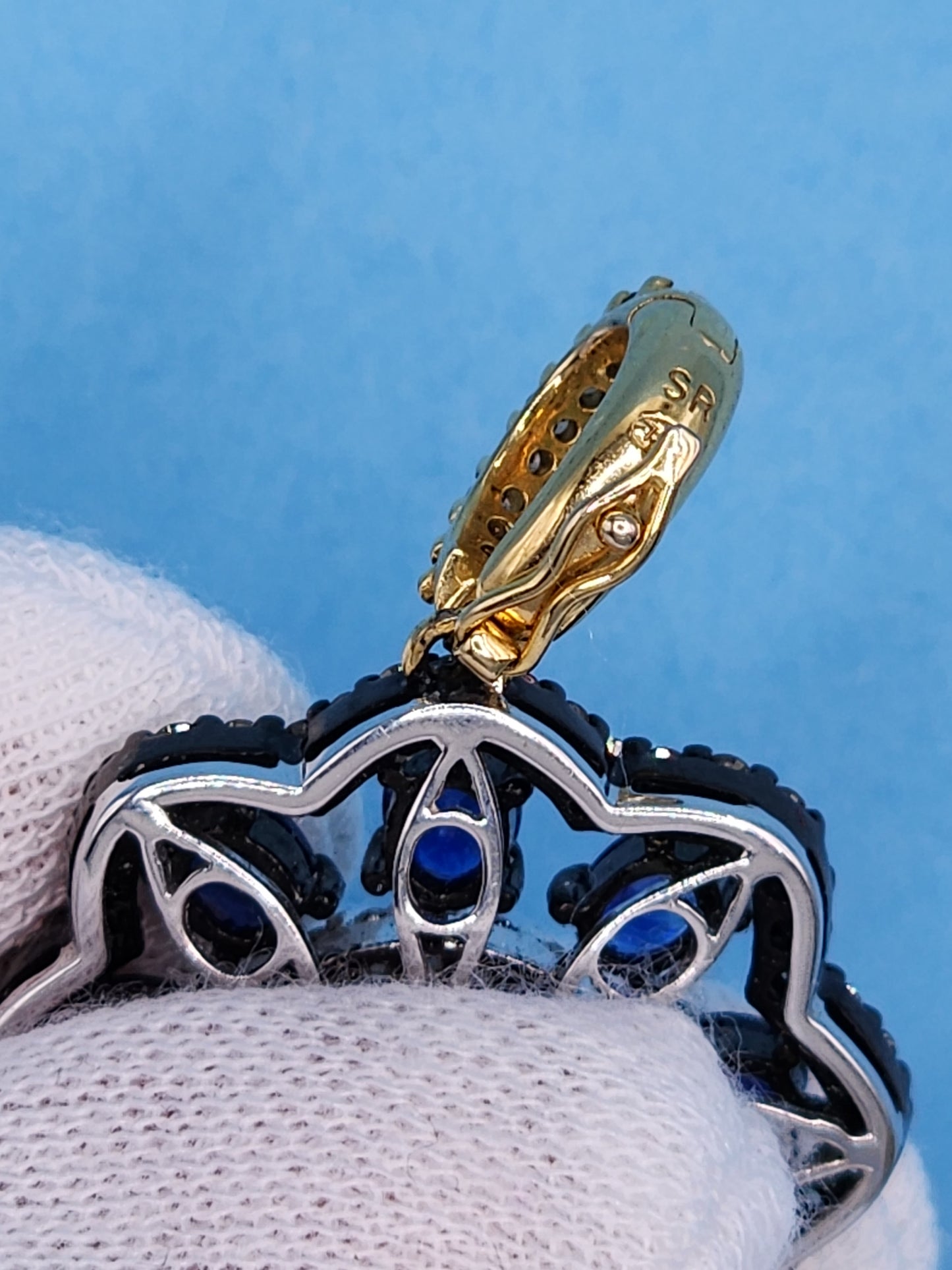 Unique Floral Motif Pendant with High Quality Sapphire, Ruby, White and Champagne Diamonds in 18k Gold and Black Rhodium