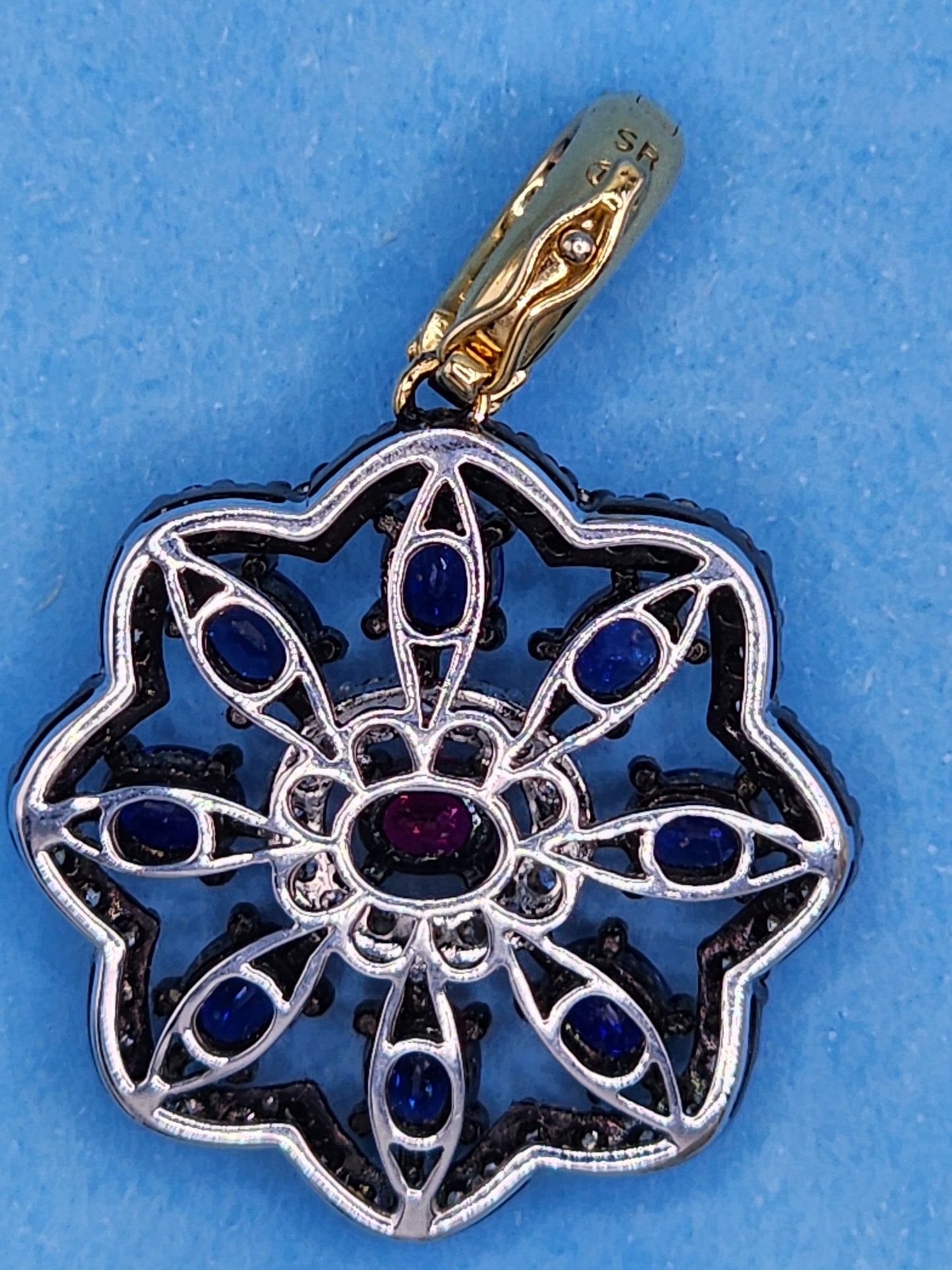 Unique Floral Motif Pendant with High Quality Sapphire, Ruby, White and Champagne Diamonds in 18k Gold and Black Rhodium