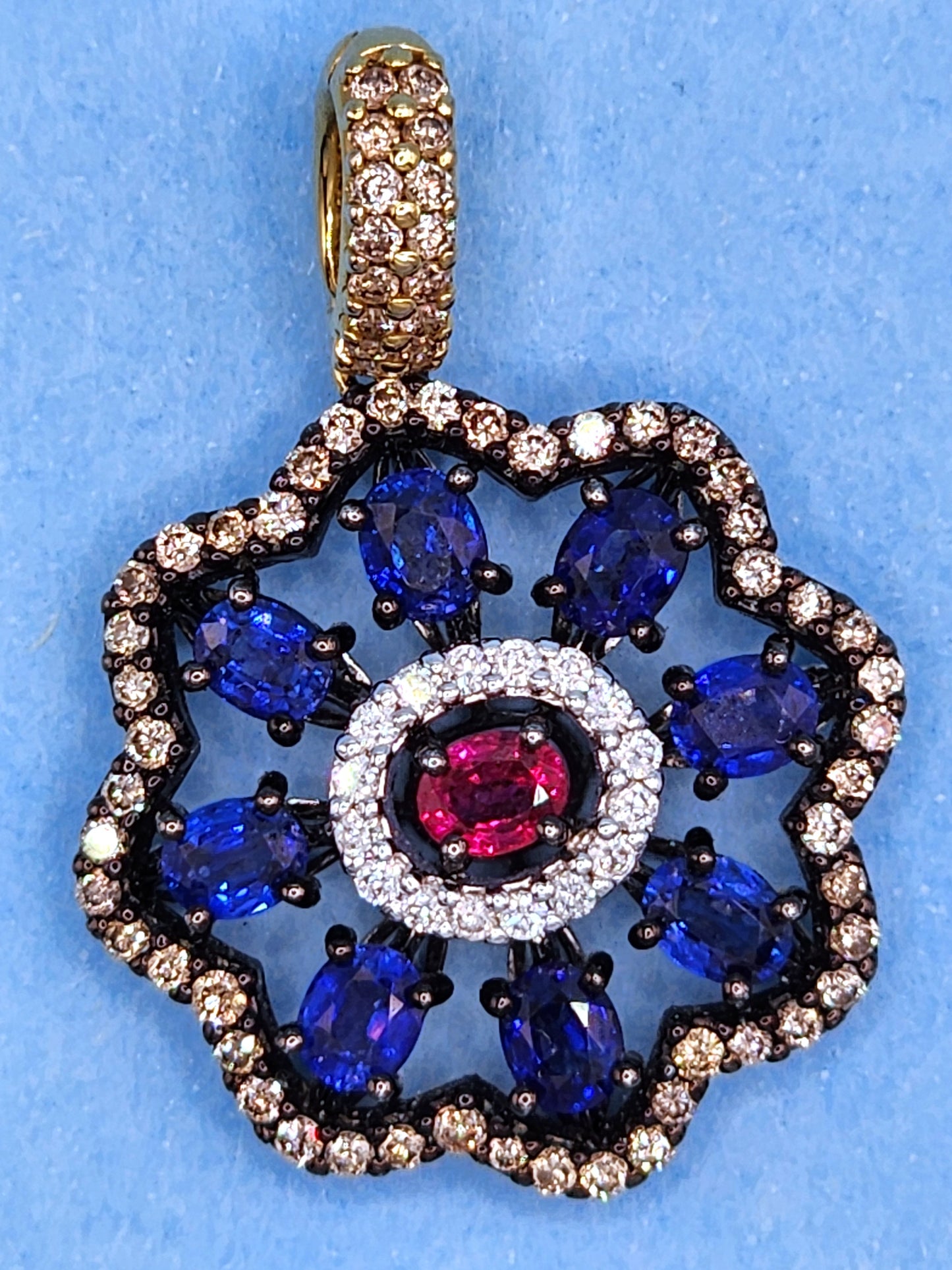 Unique Floral Motif Pendant with High Quality Sapphire, Ruby, White and Champagne Diamonds in 18k Gold and Black Rhodium