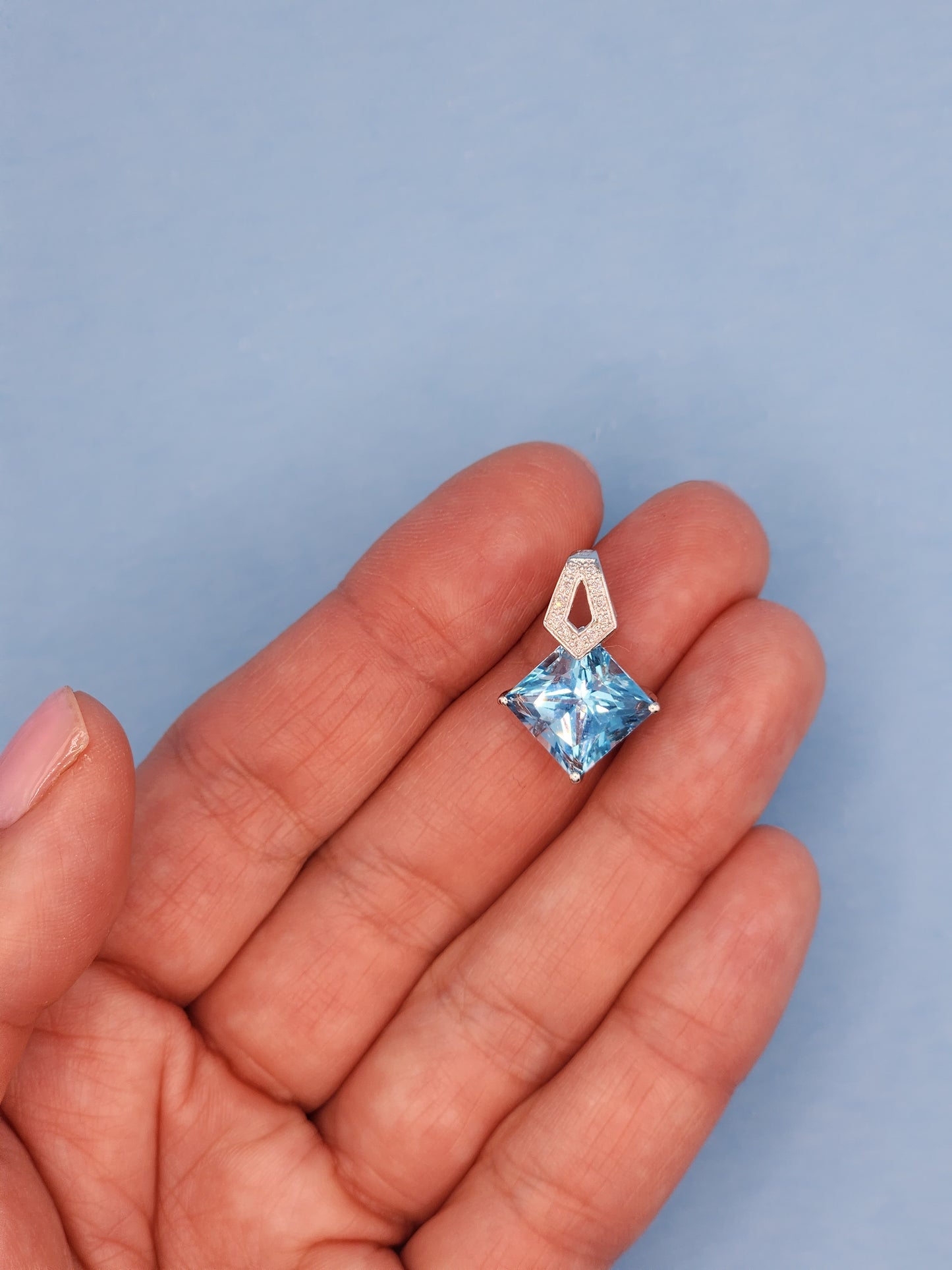 Princess Cut Swiss Blue Topaz and Diamond Pendant in 14k White Gold