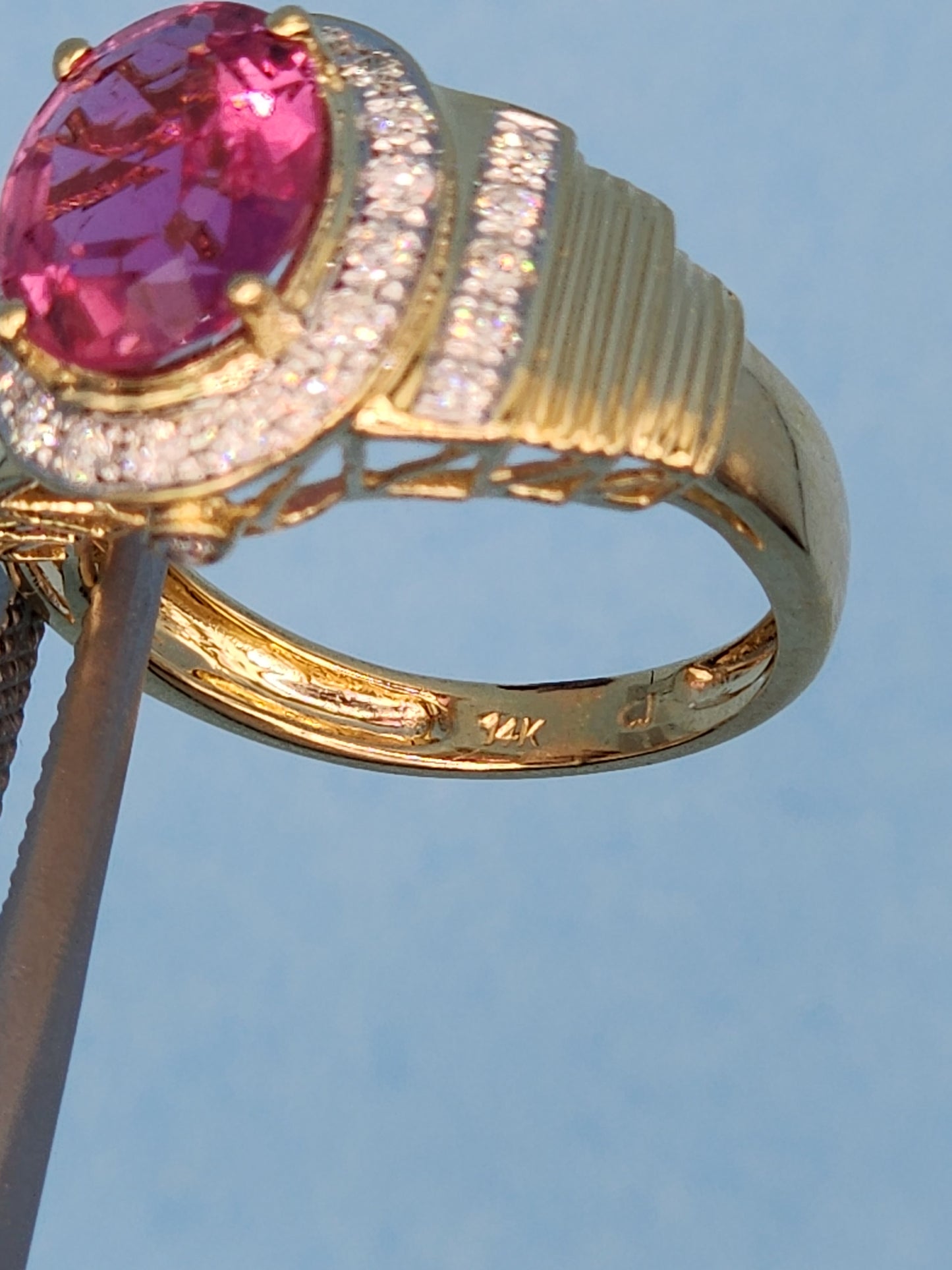 Natural 2.46 ct Oval Pink Tourmaline and Diamond Ring in 14k Yellow Gold