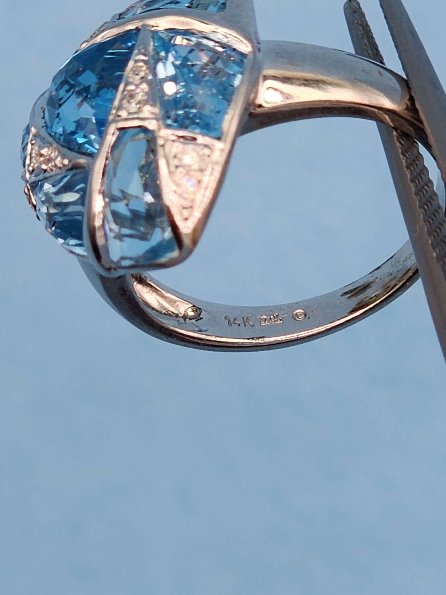 Trillion Design Swiss Blue Topaz and Diamond Ring in 14k White Gold