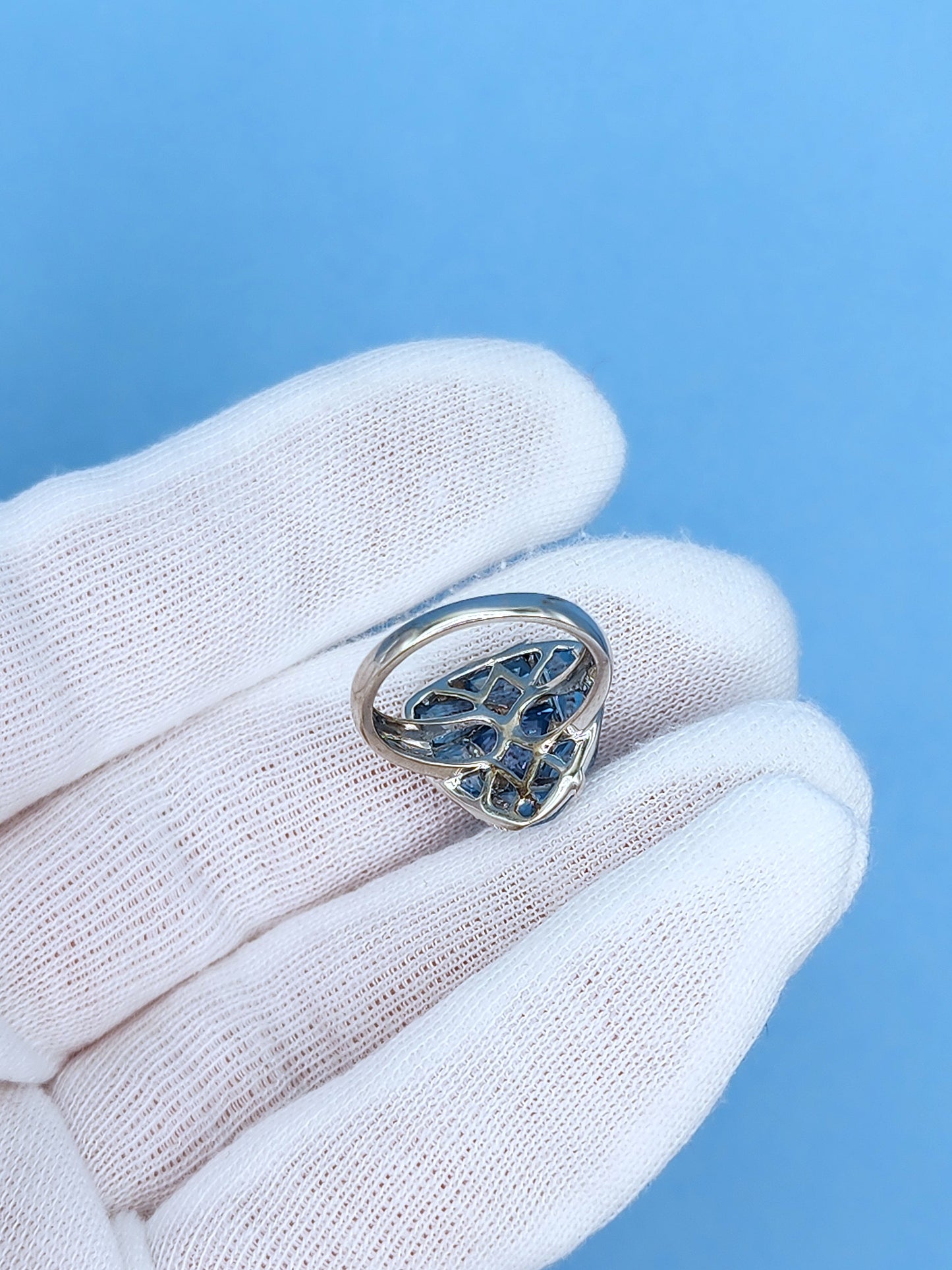 Trillion Design Swiss Blue Topaz and Diamond Ring in 14k White Gold