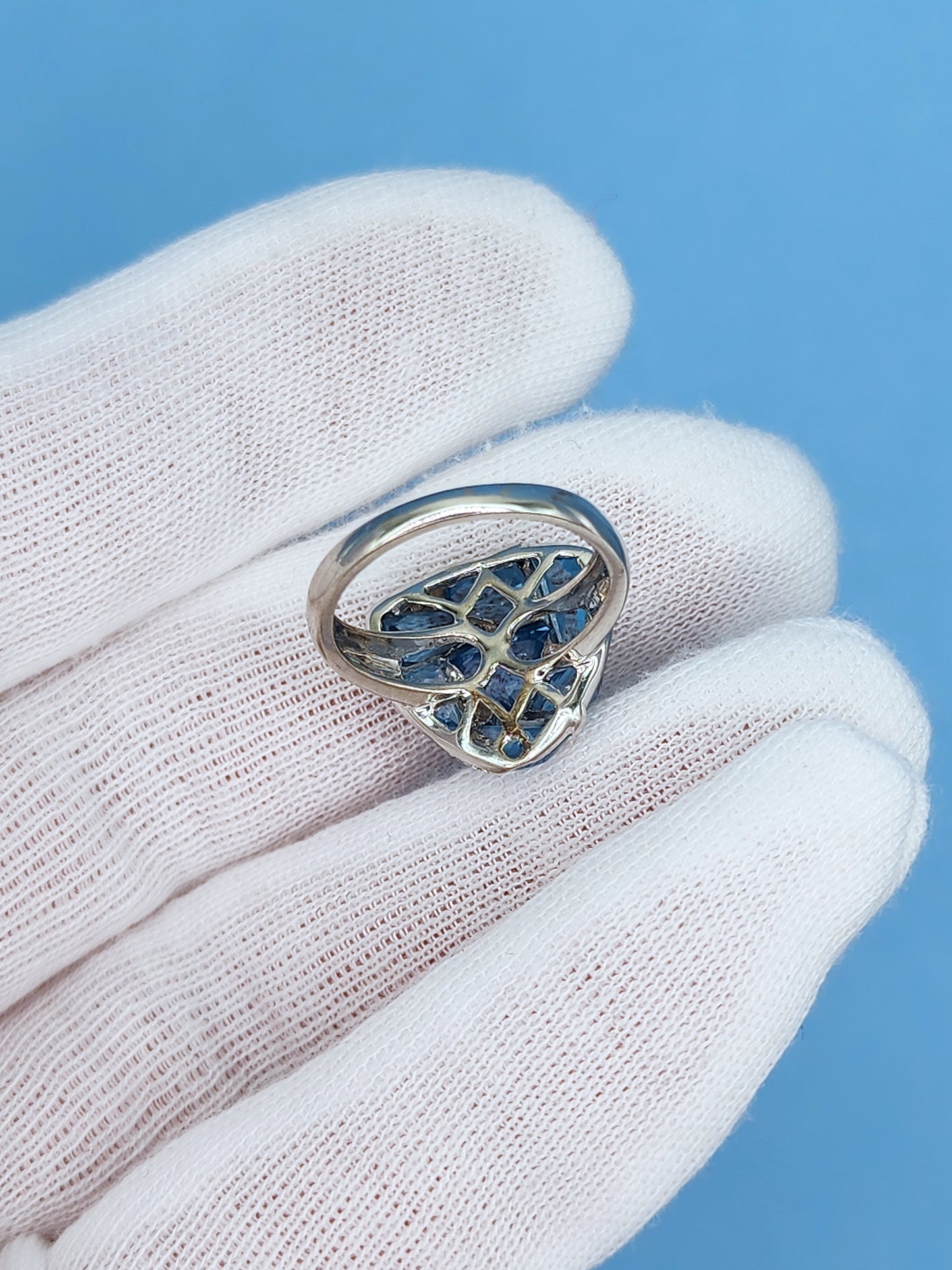 Trillion Design Swiss Blue Topaz and Diamond Ring in 14k White Gold