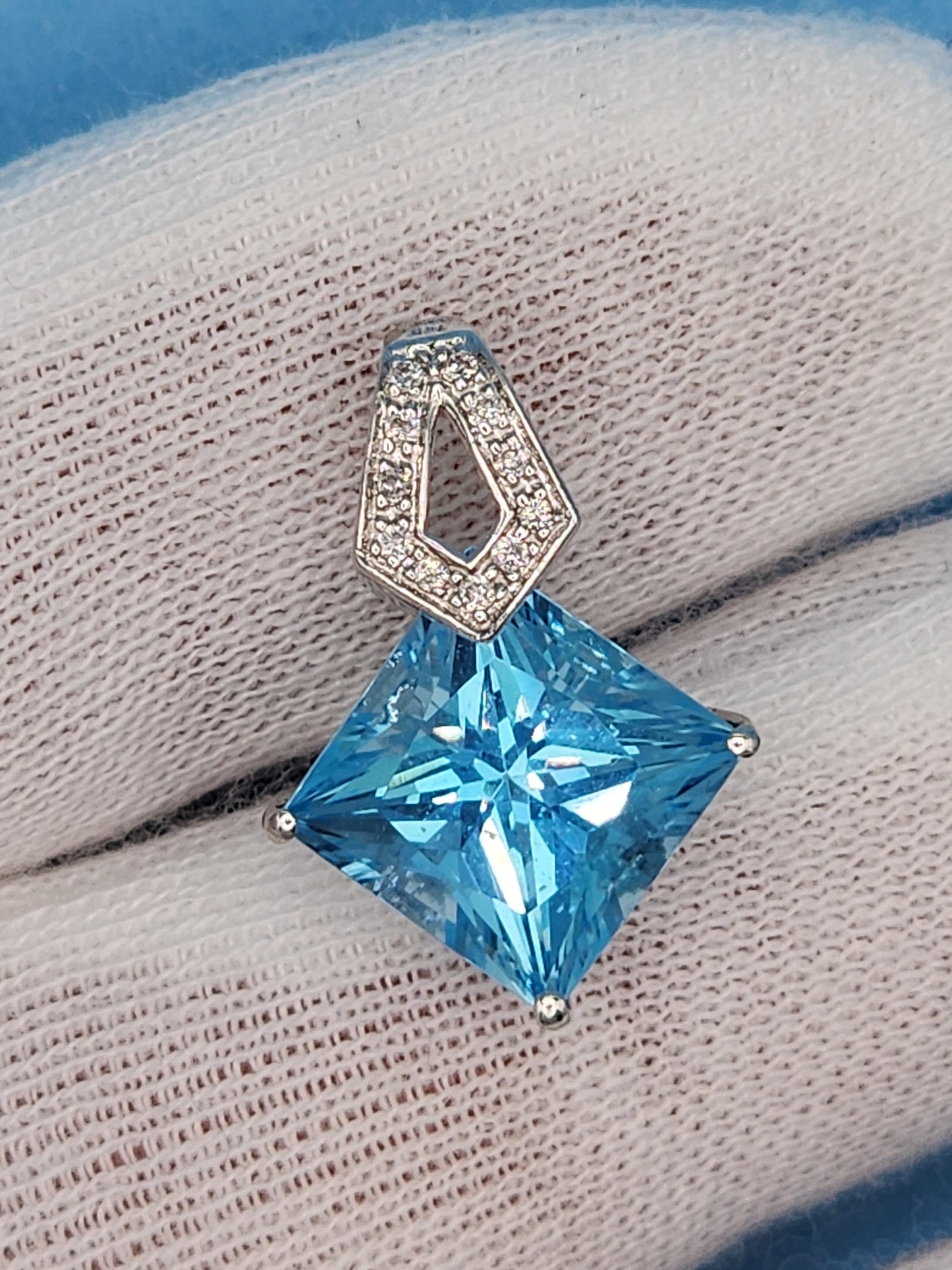 Princess Cut Swiss Blue Topaz and Diamond Pendant in 14k White Gold