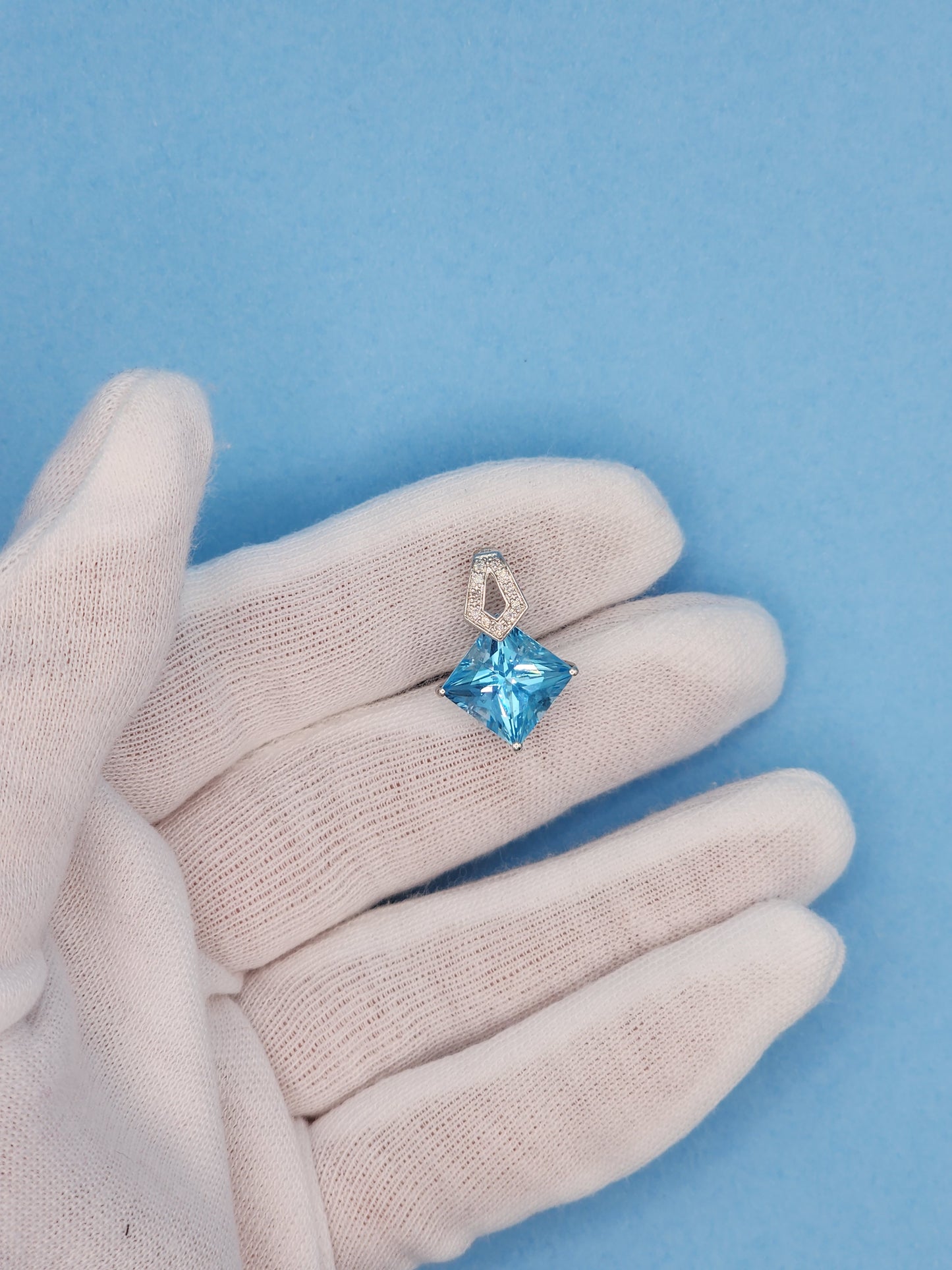Princess Cut Swiss Blue Topaz and Diamond Pendant in 14k White Gold