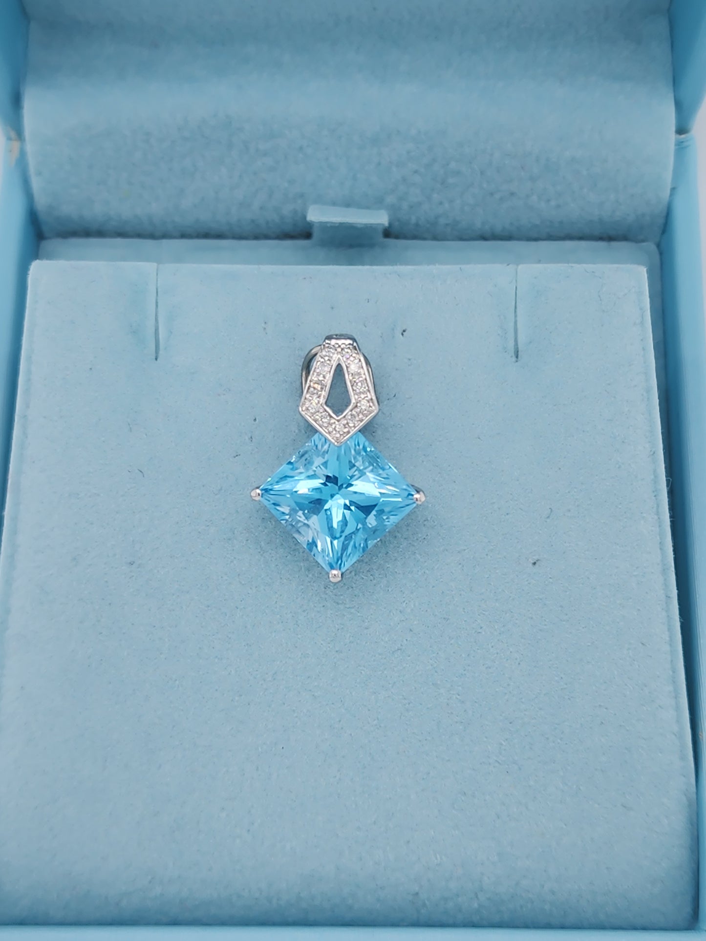 Princess Cut Swiss Blue Topaz and Diamond Pendant in 14k White Gold