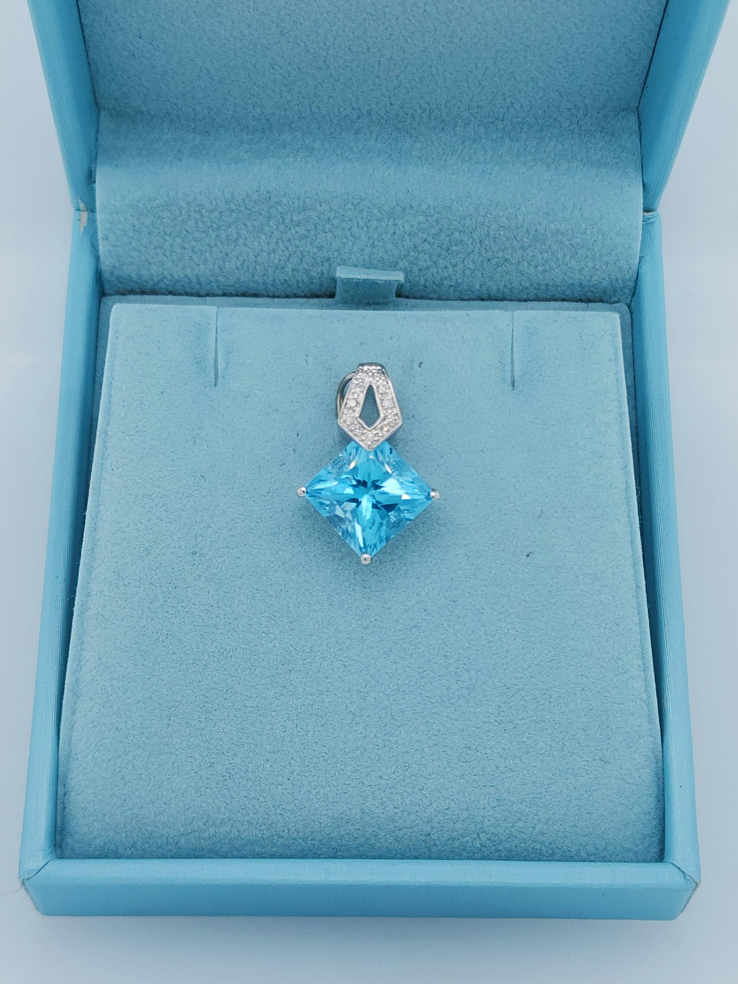 Princess Cut Swiss Blue Topaz and Diamond Pendant in 14k White Gold