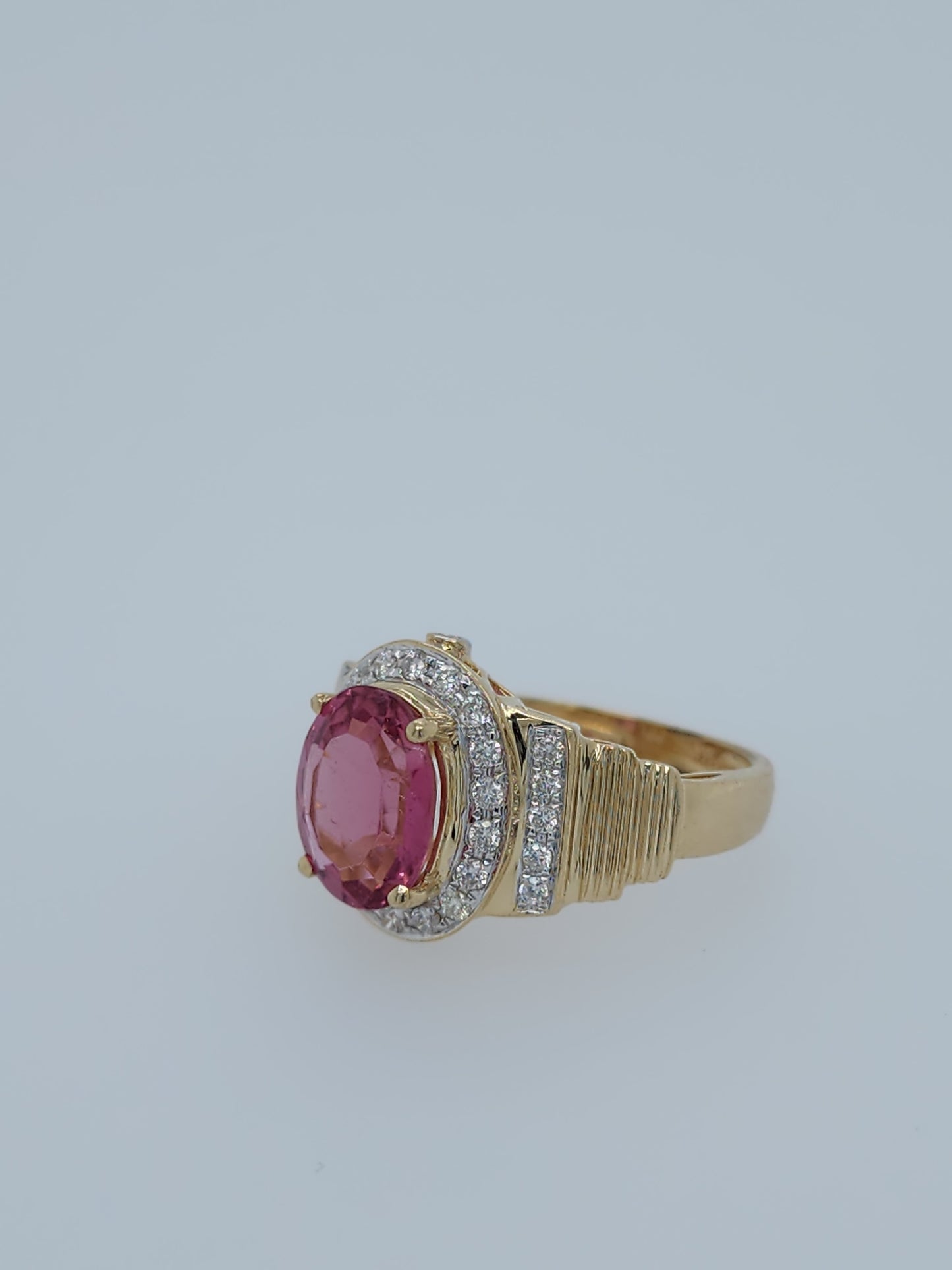 Natural 2.46 ct Oval Pink Tourmaline and Diamond Ring in 14k Yellow Gold