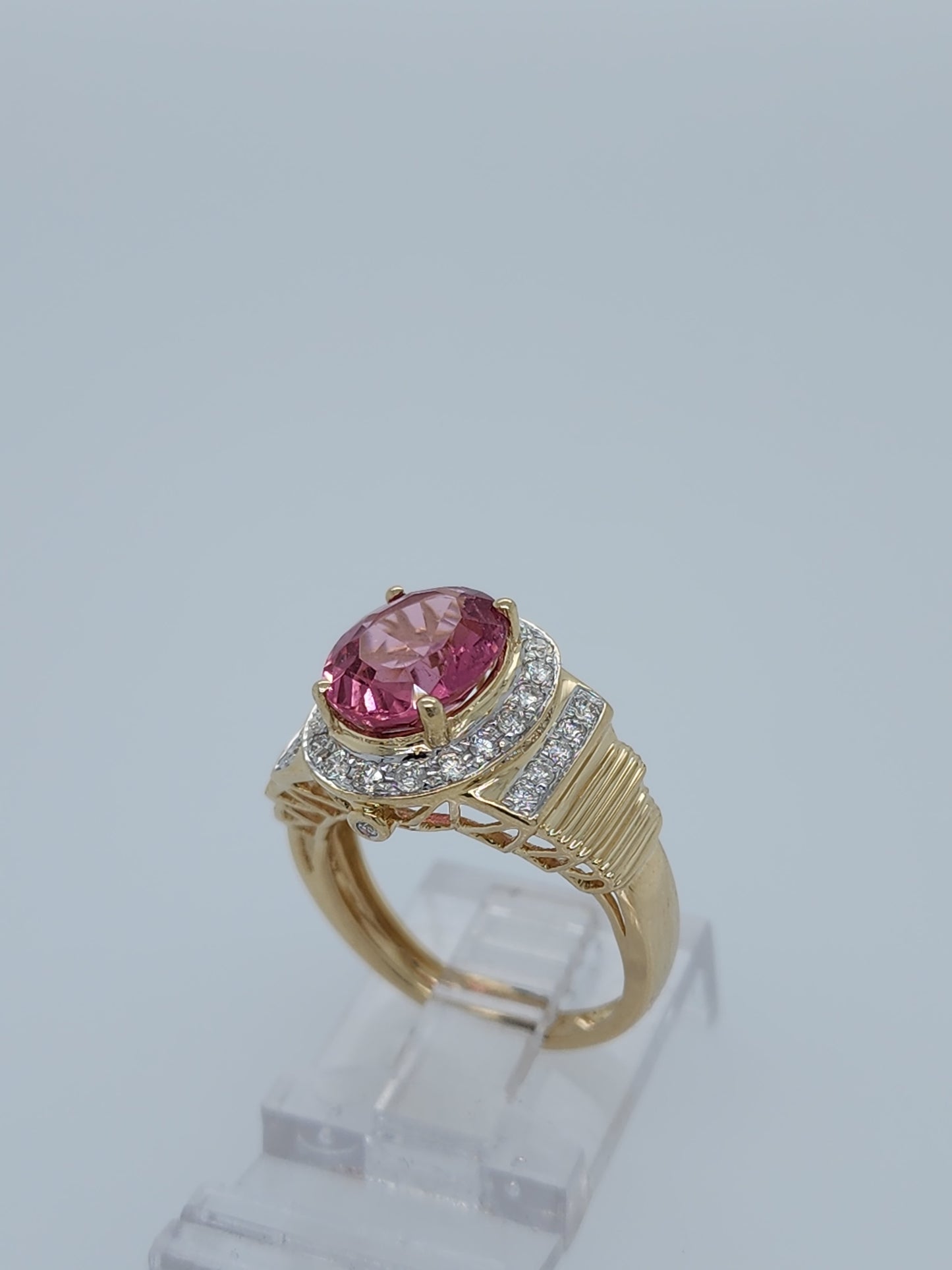 Natural 2.46 ct Oval Pink Tourmaline and Diamond Ring in 14k Yellow Gold