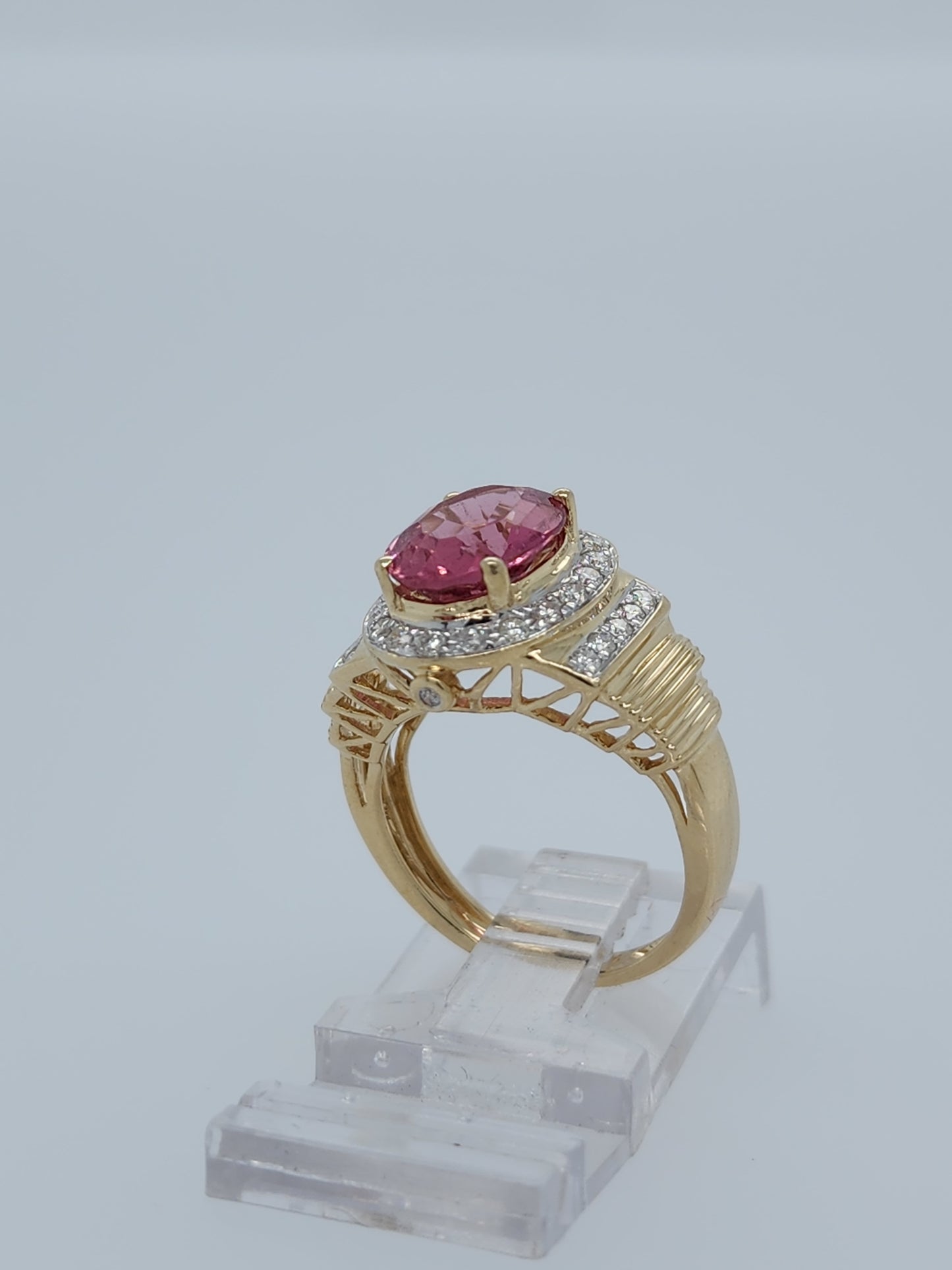 Natural 2.46 ct Oval Pink Tourmaline and Diamond Ring in 14k Yellow Gold