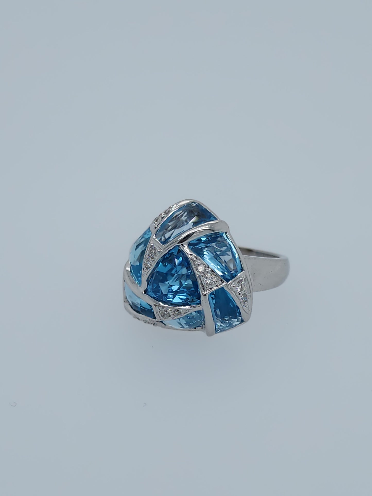 Trillion Design Swiss Blue Topaz and Diamond Ring in 14k White Gold