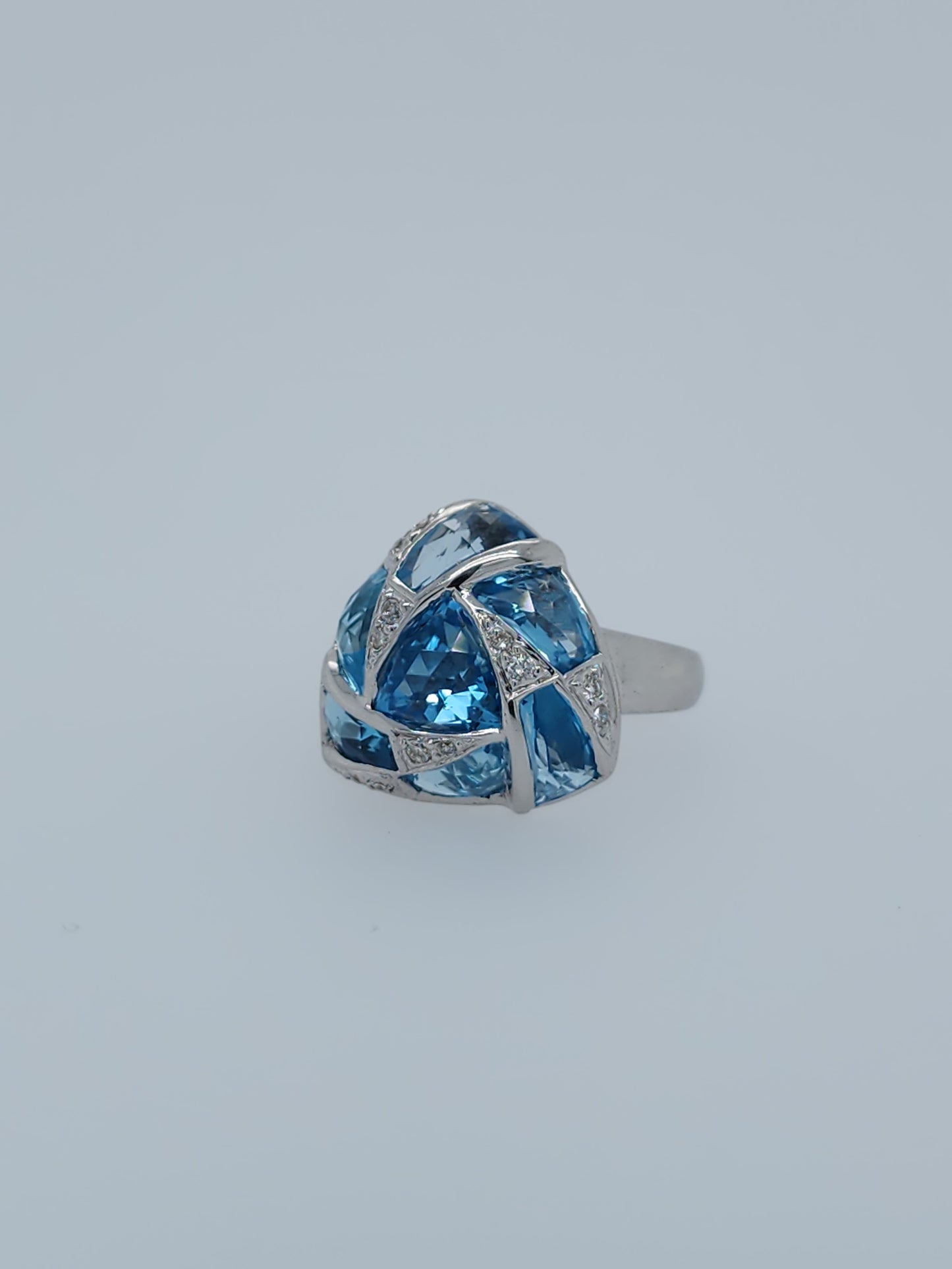 Trillion Design Swiss Blue Topaz and Diamond Ring in 14k White Gold