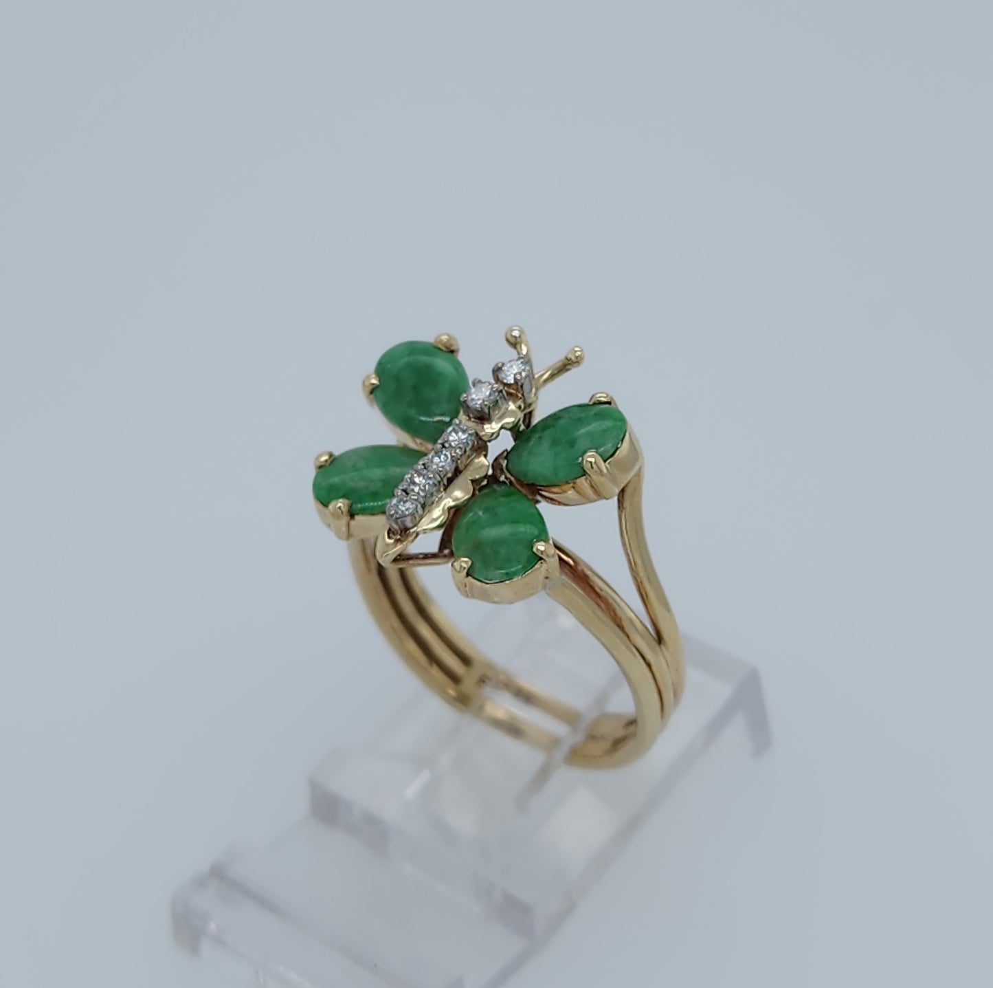 Vintage Jade and Diamond Butterfly Ring in 14k Yellow Gold